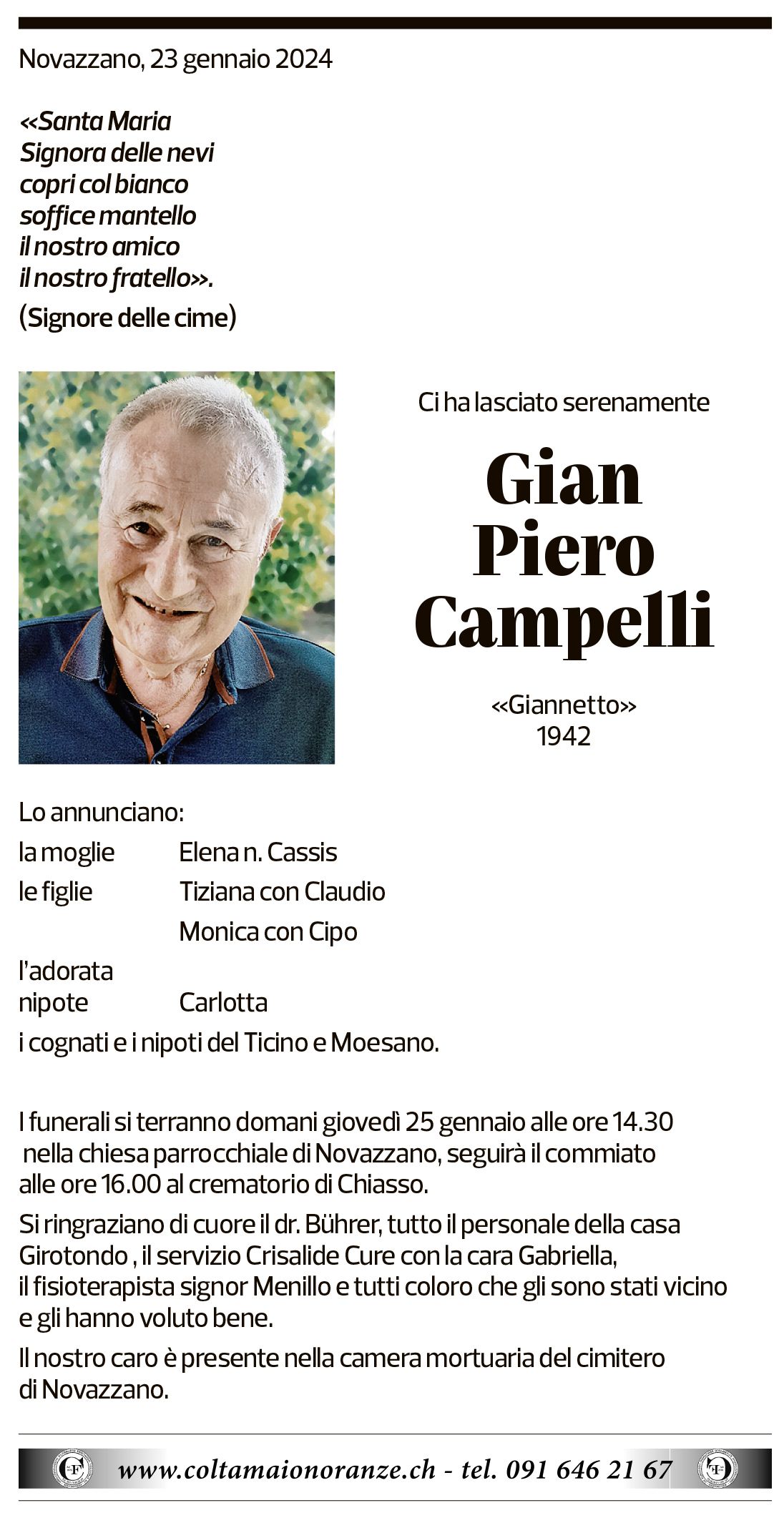 Annuncio funebre Gian Piero Campelli