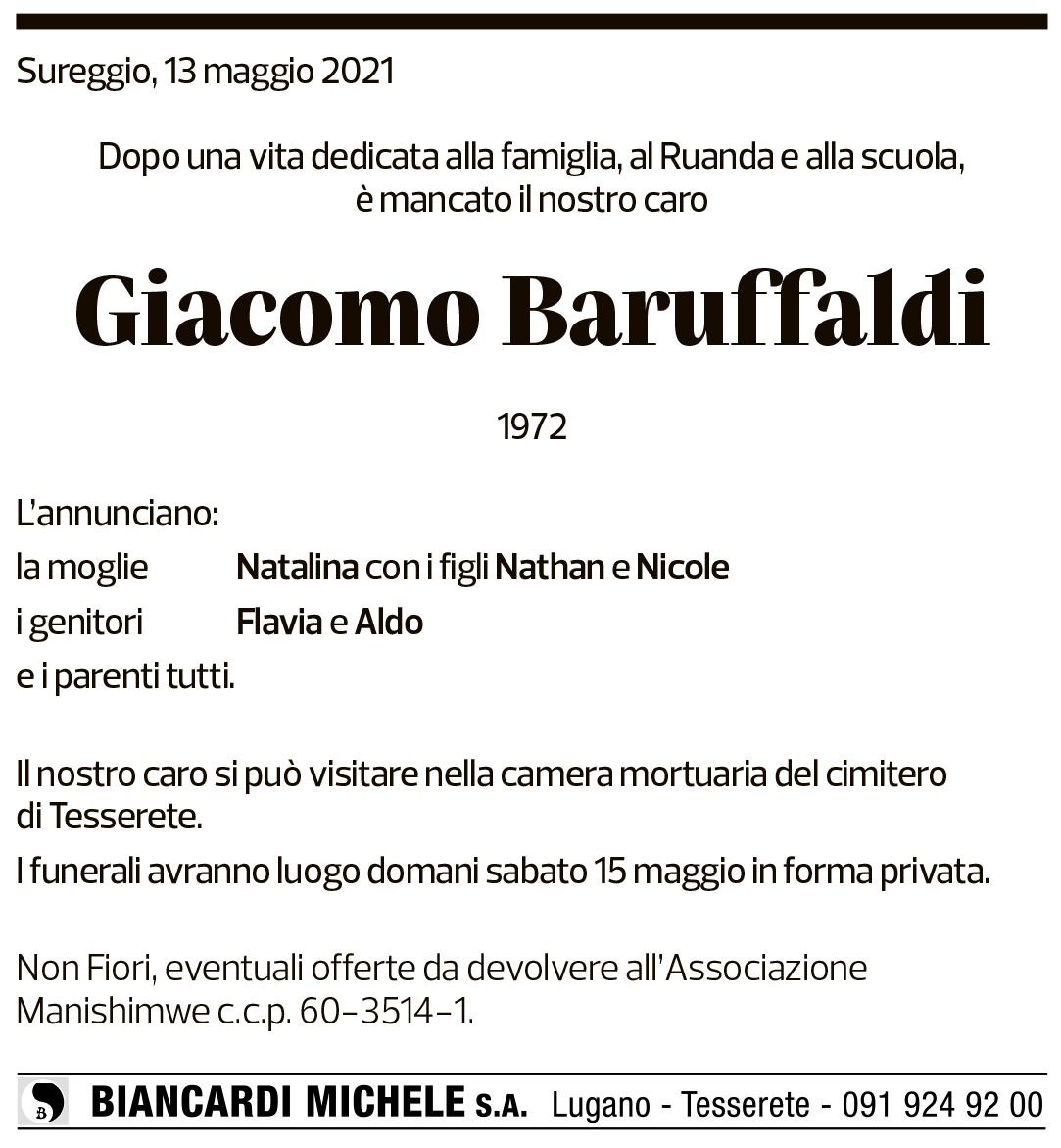 Annuncio funebre Giacomo Baruffaldi