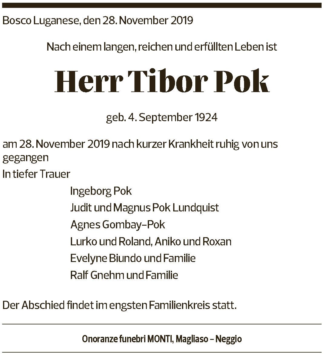 Annuncio funebre Herr Tibor Pok