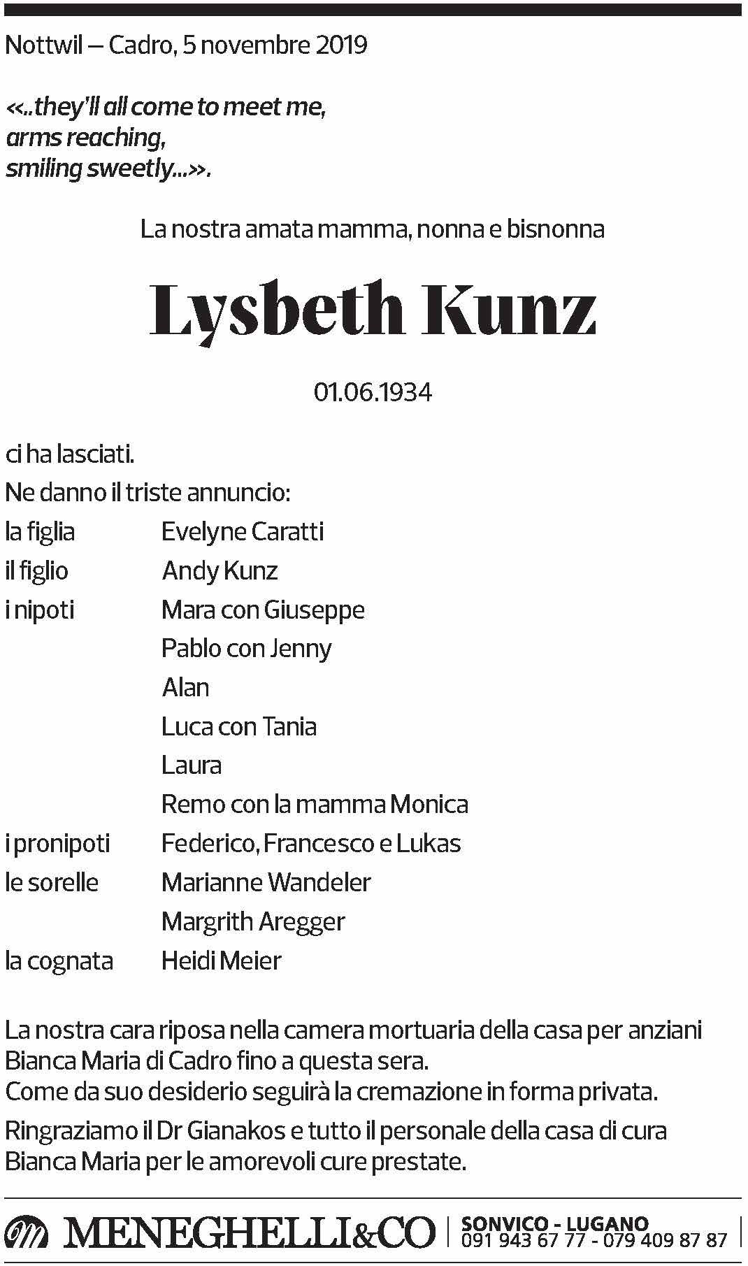 Annuncio funebre Lysbeth Kunz