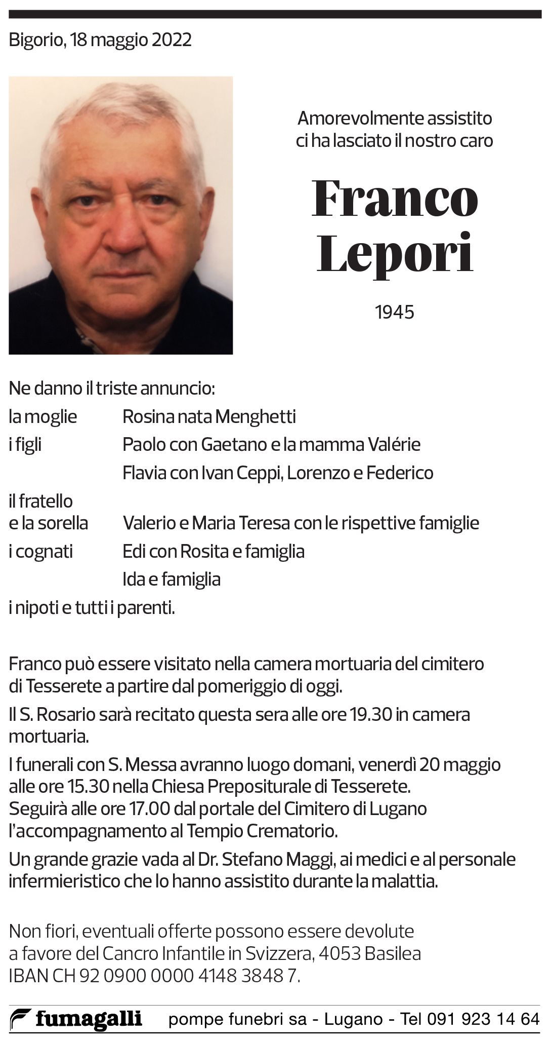 Annuncio funebre Franco Lepori