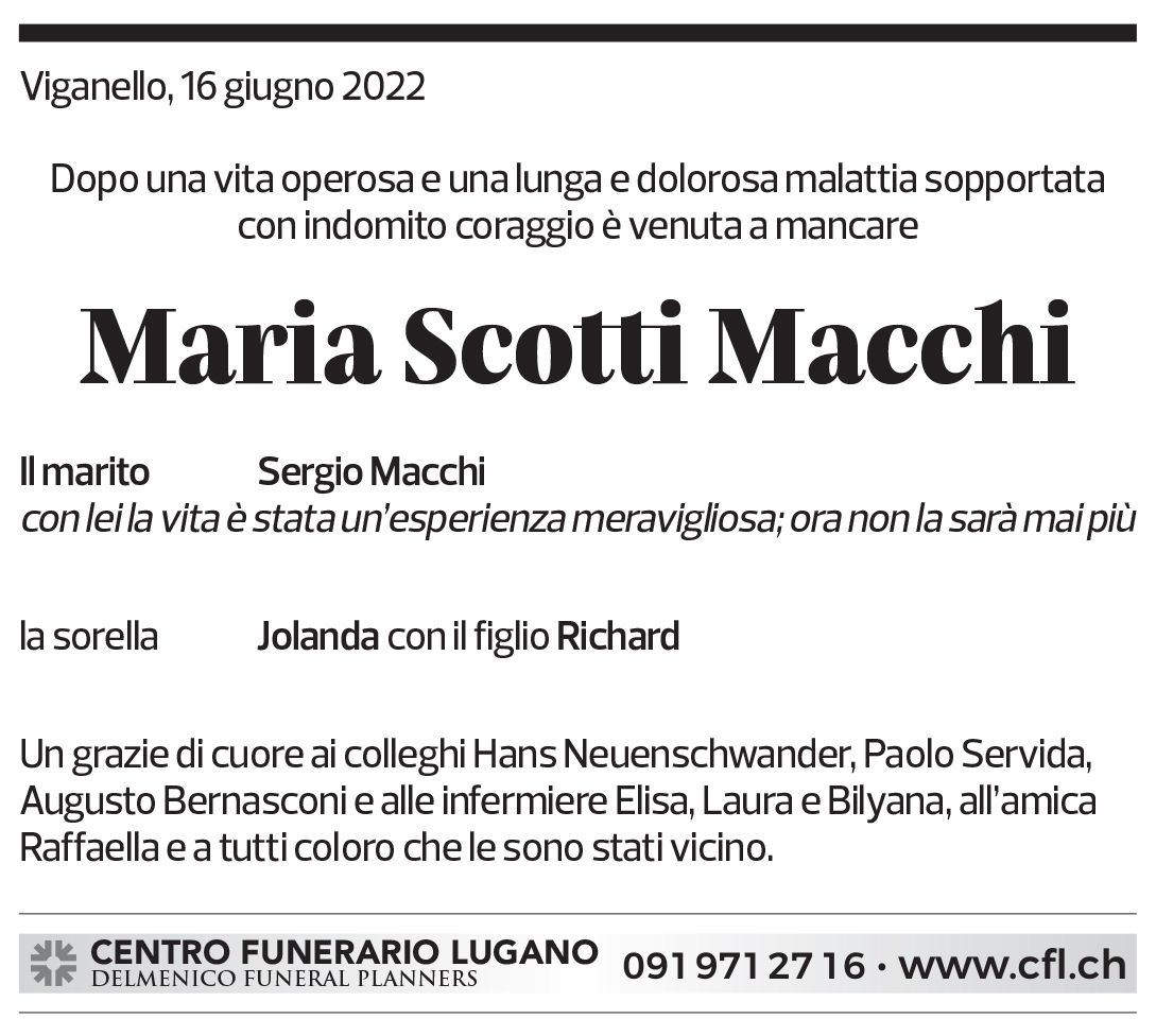 Annuncio funebre Maria Scotti Macchi