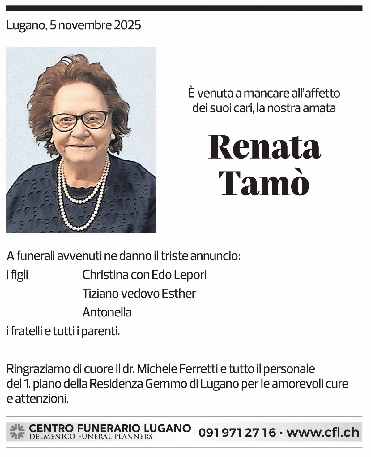 Annuncio funebre Renata Tamò