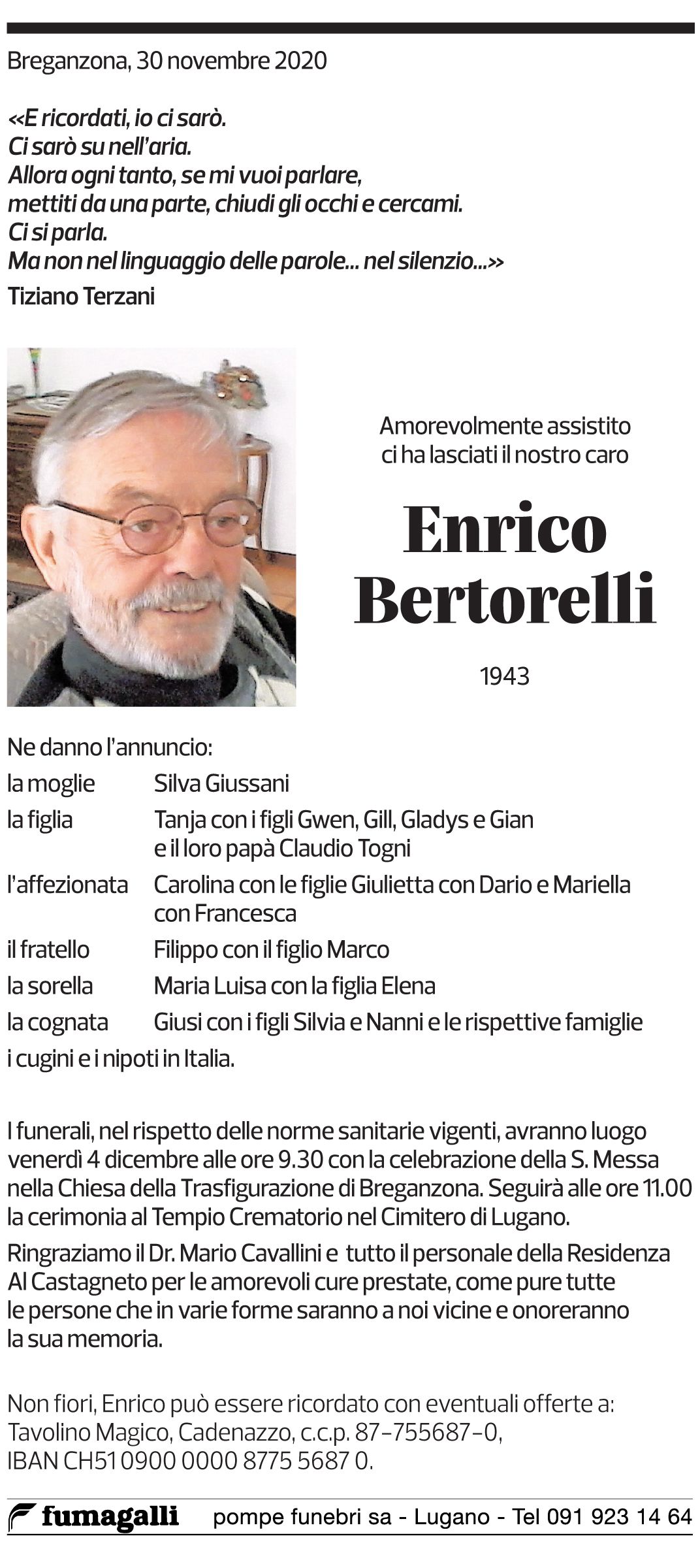 Annuncio funebre Enrico Bertorelli