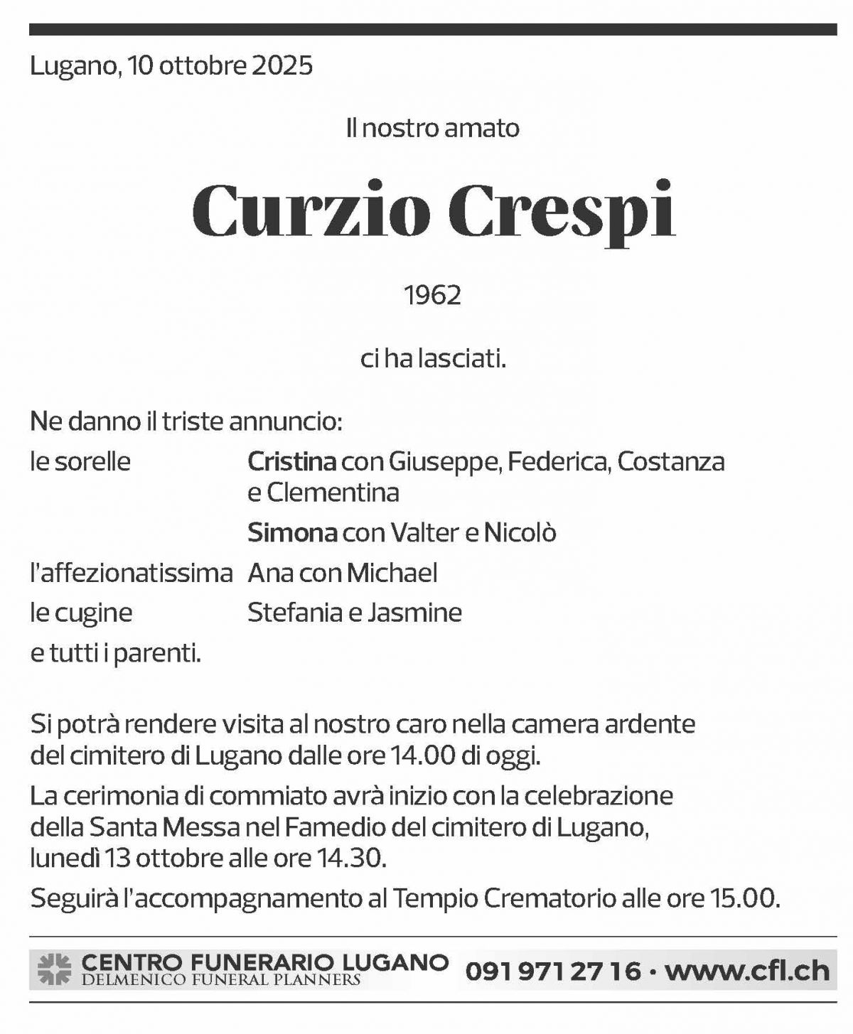 Annuncio funebre Curzio Crespi