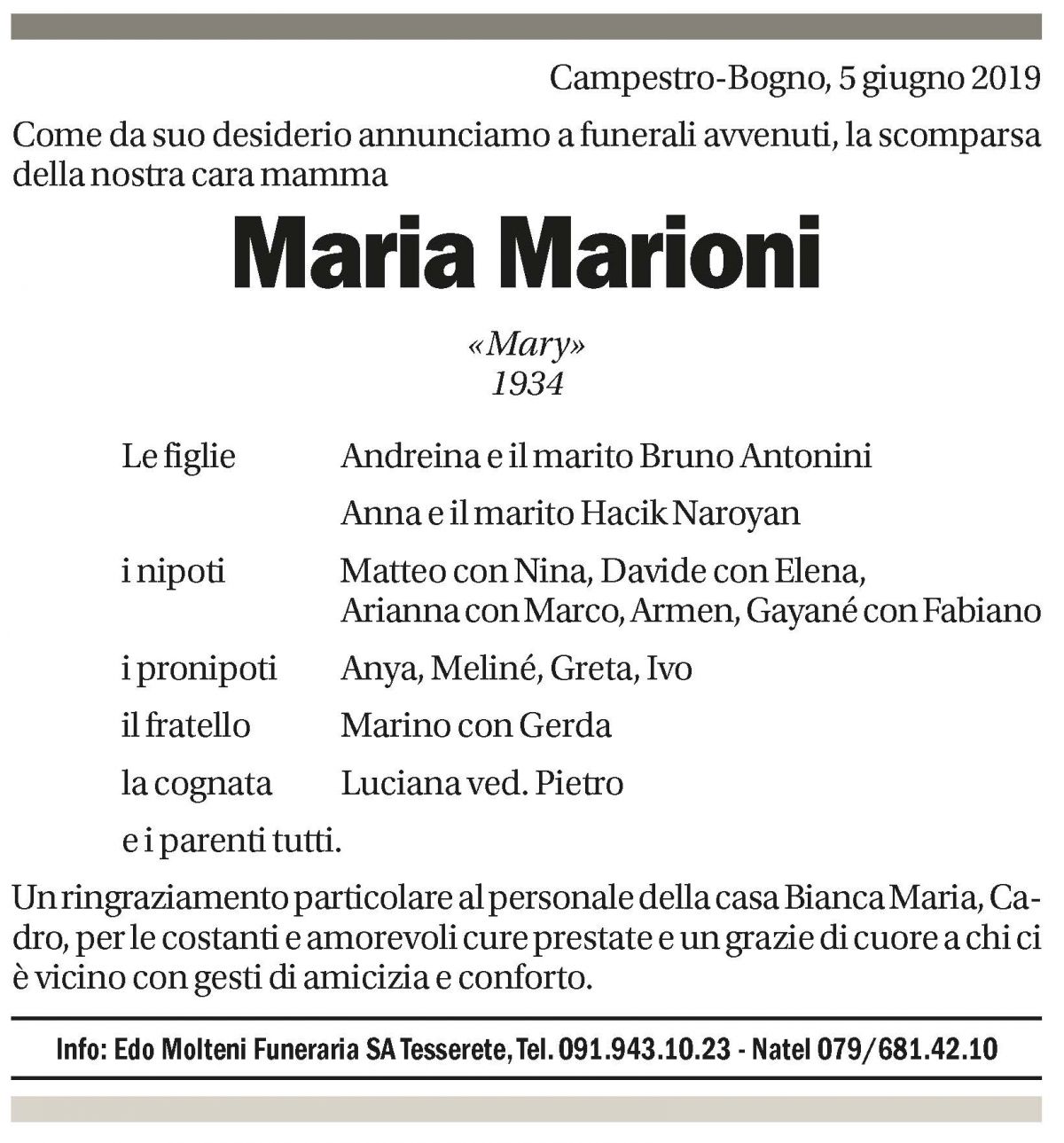 Annuncio funebre Maria Marioni