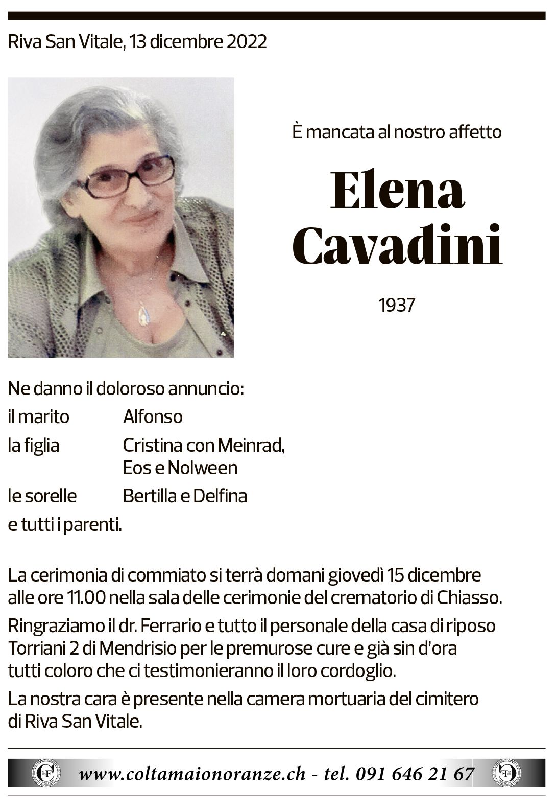 Annuncio funebre Elena Cavadini