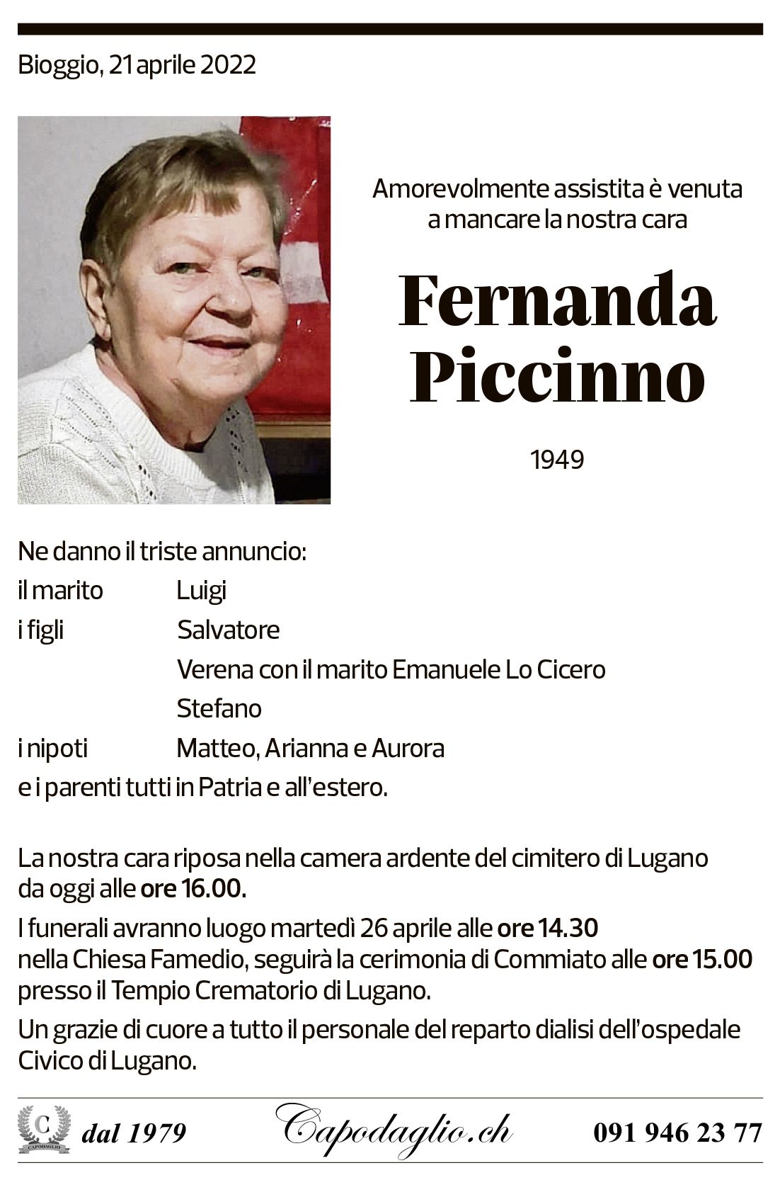 Annuncio funebre Fernanda Piccinno