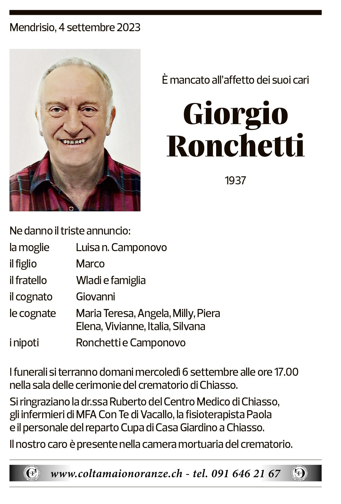 Annuncio funebre Giorgio Ronchetti