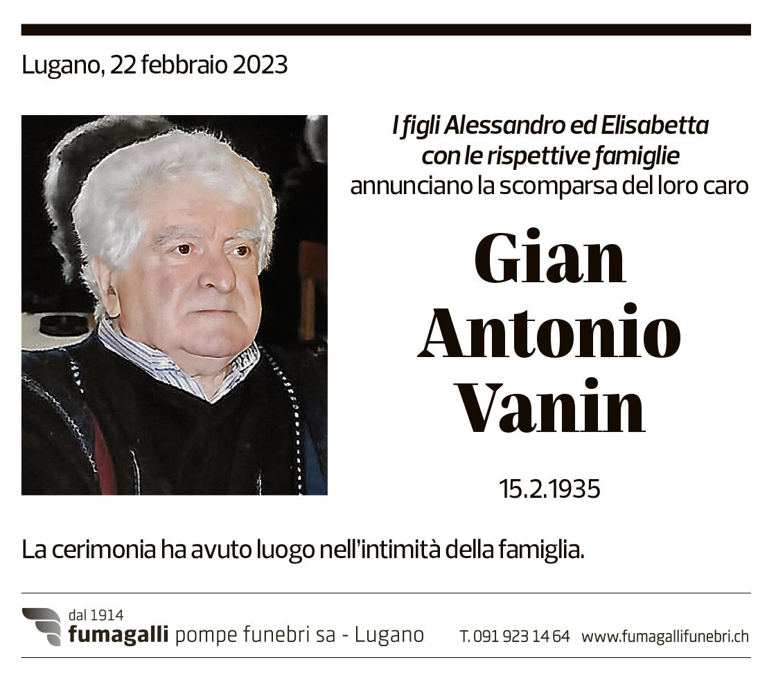 Annuncio funebre Gian Antonio Vanin