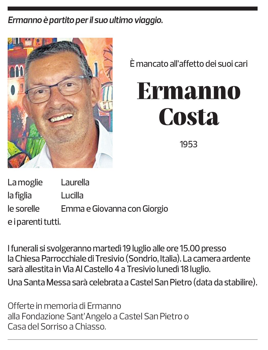 Annuncio funebre Ermanno Costa