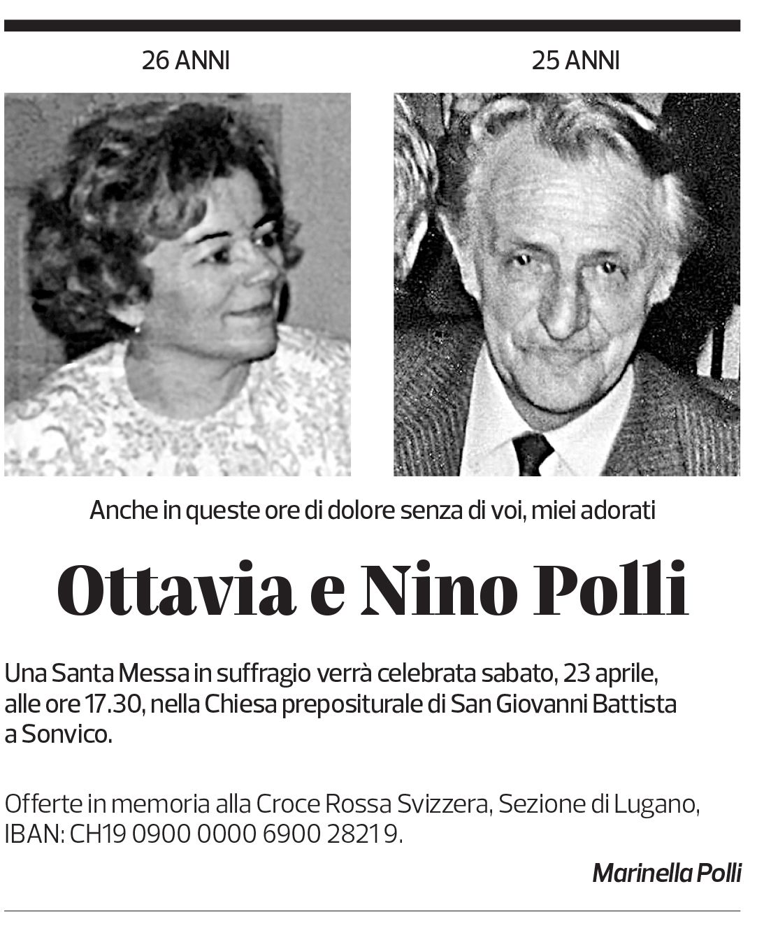 Annuncio funebre Ottavia Nino Polli