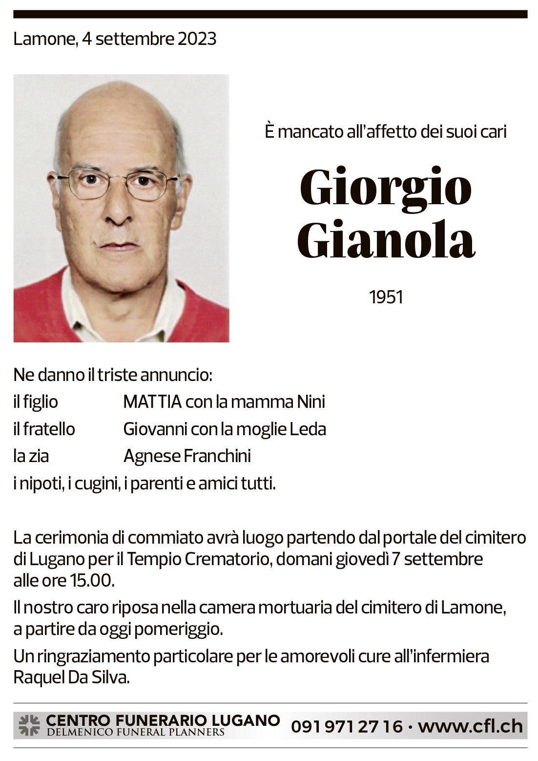 Annuncio funebre Giorgio Gianola