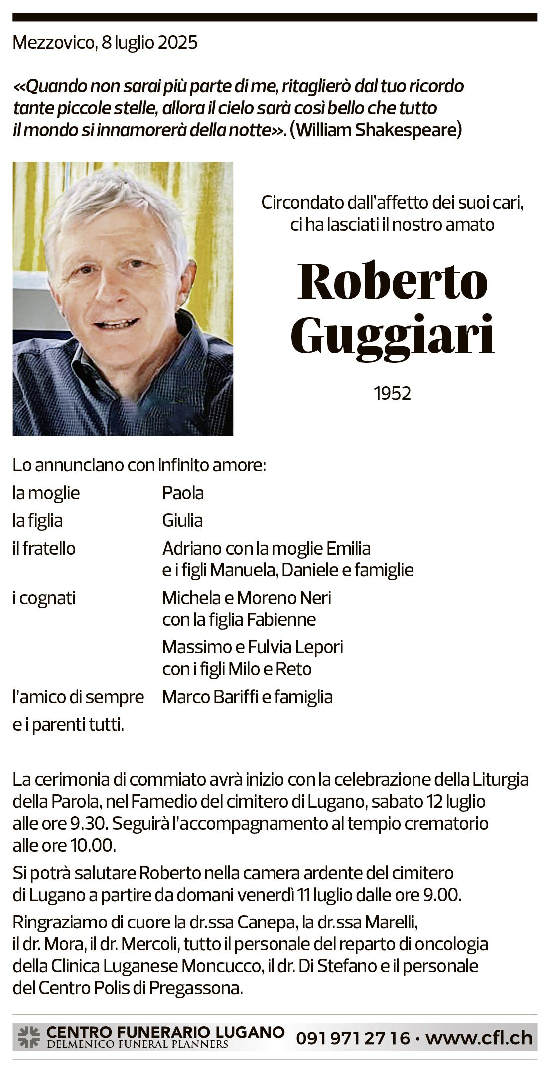 Annuncio funebre Roberto Guggiari
