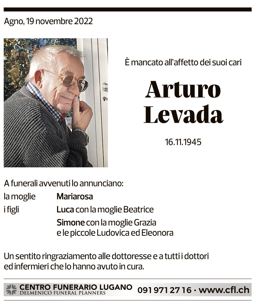 Annuncio funebre Arturo Levada