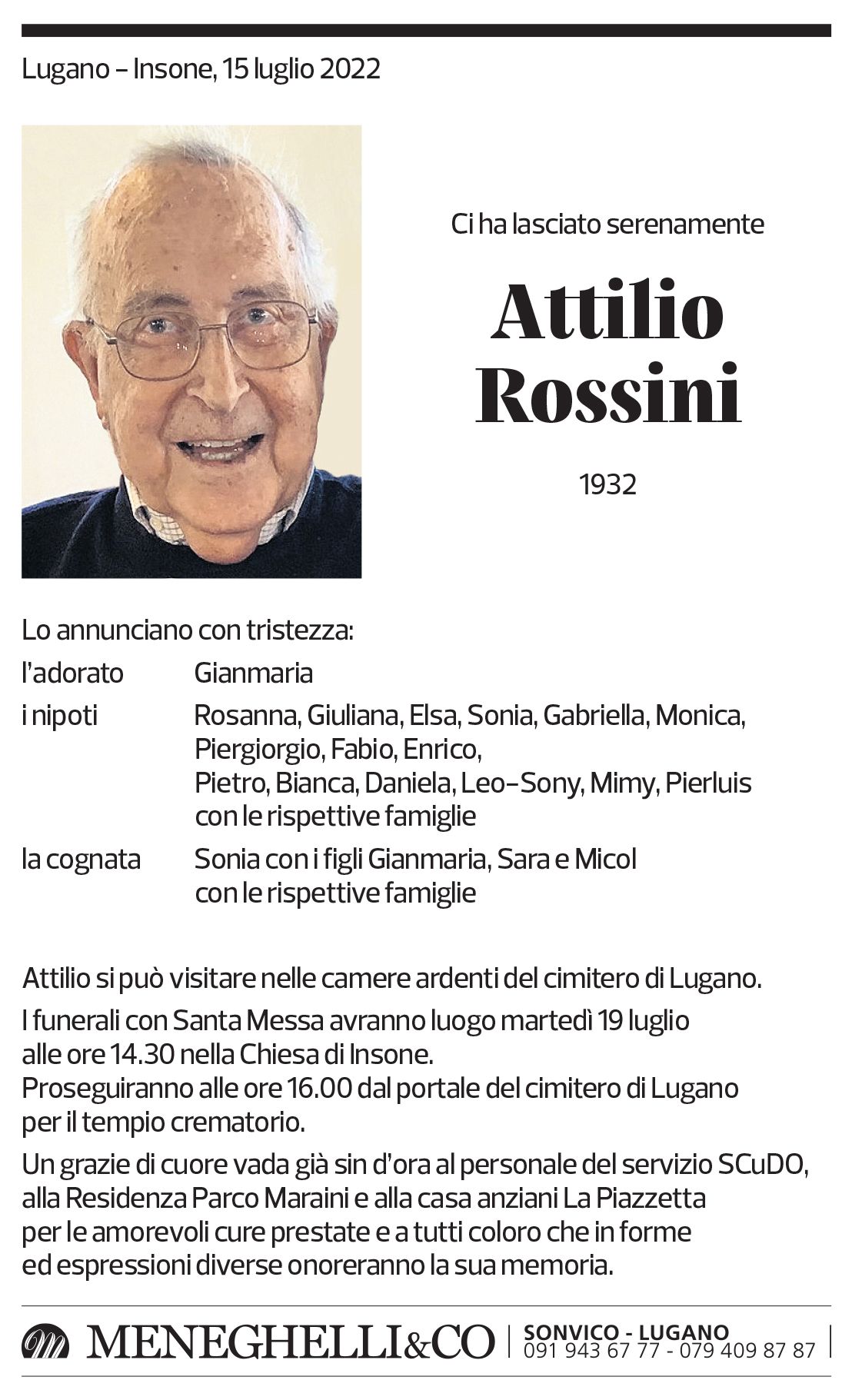 Annuncio funebre Attilio Rossini