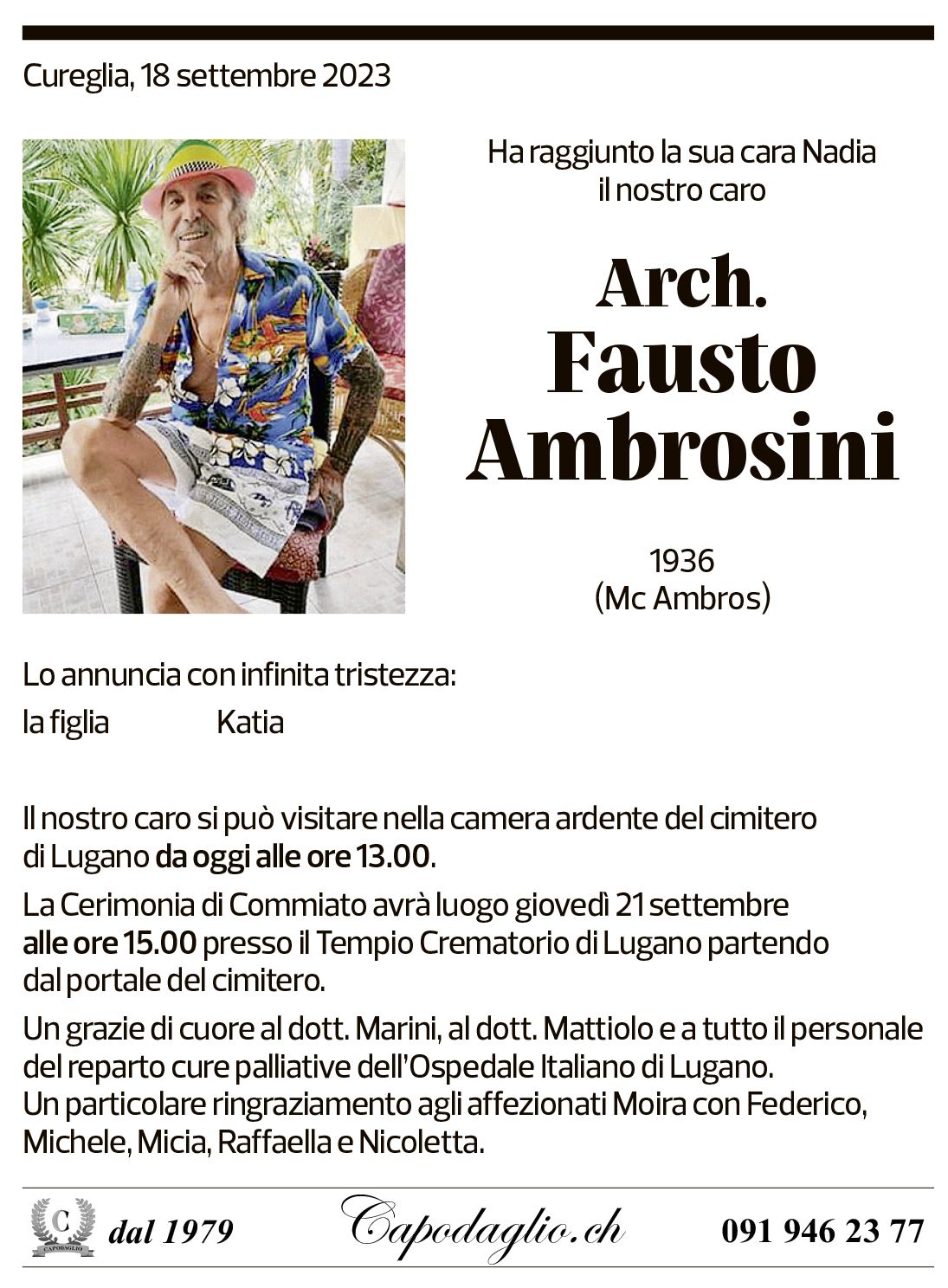 Annuncio funebre Fausto Ambrosini