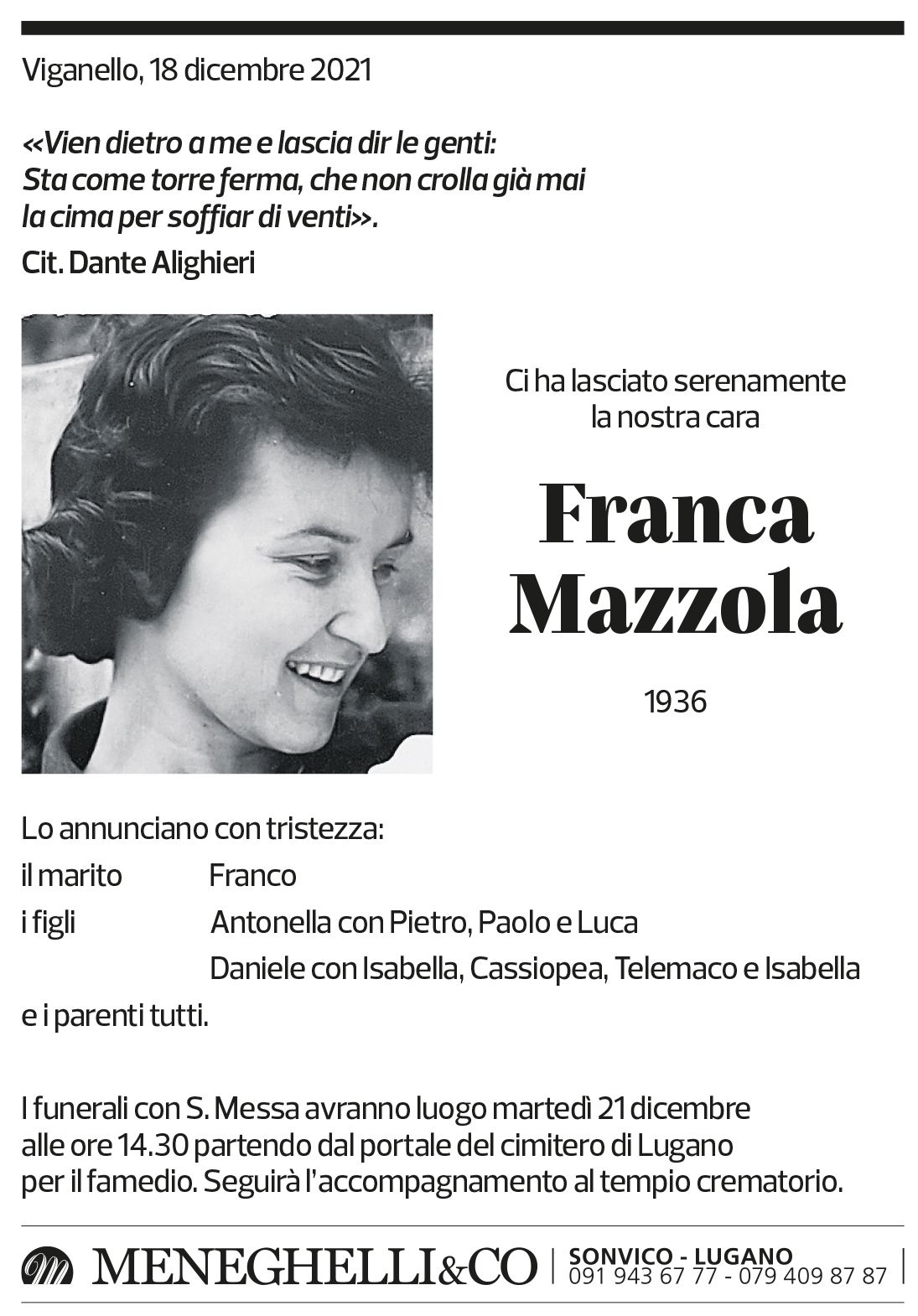 Annuncio funebre Franca Mazzola