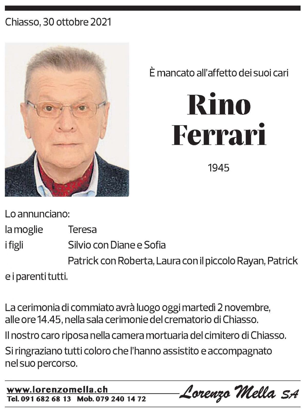 Annuncio funebre Rino Ferrari