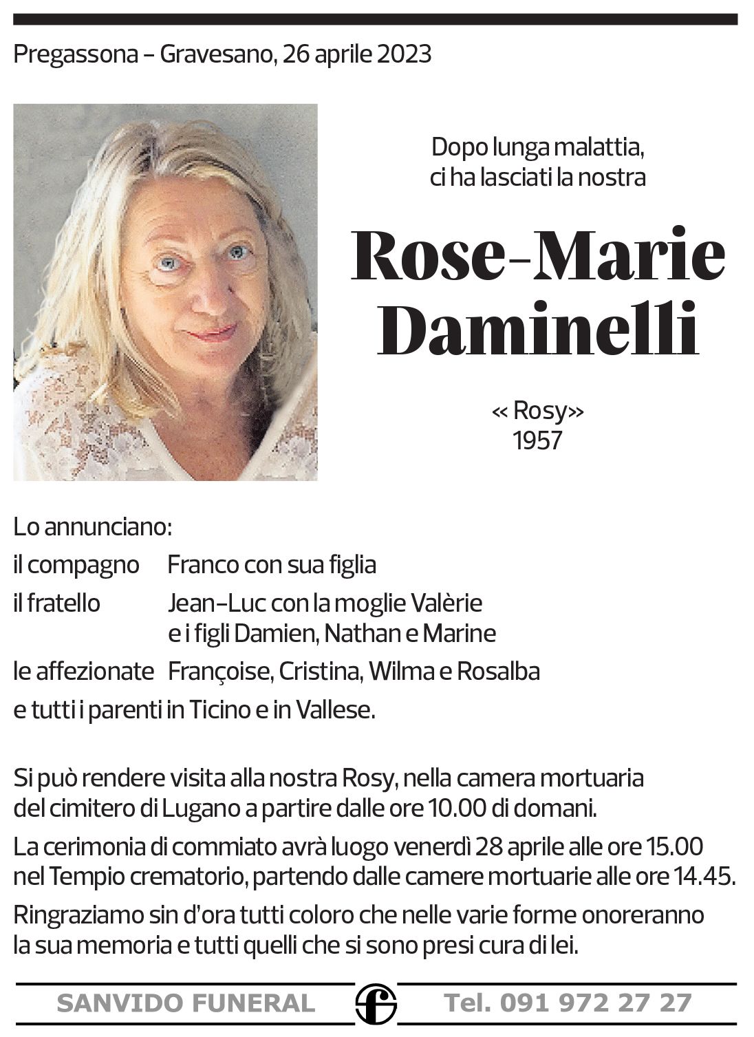 Annuncio funebre Rose-marie Daminelli