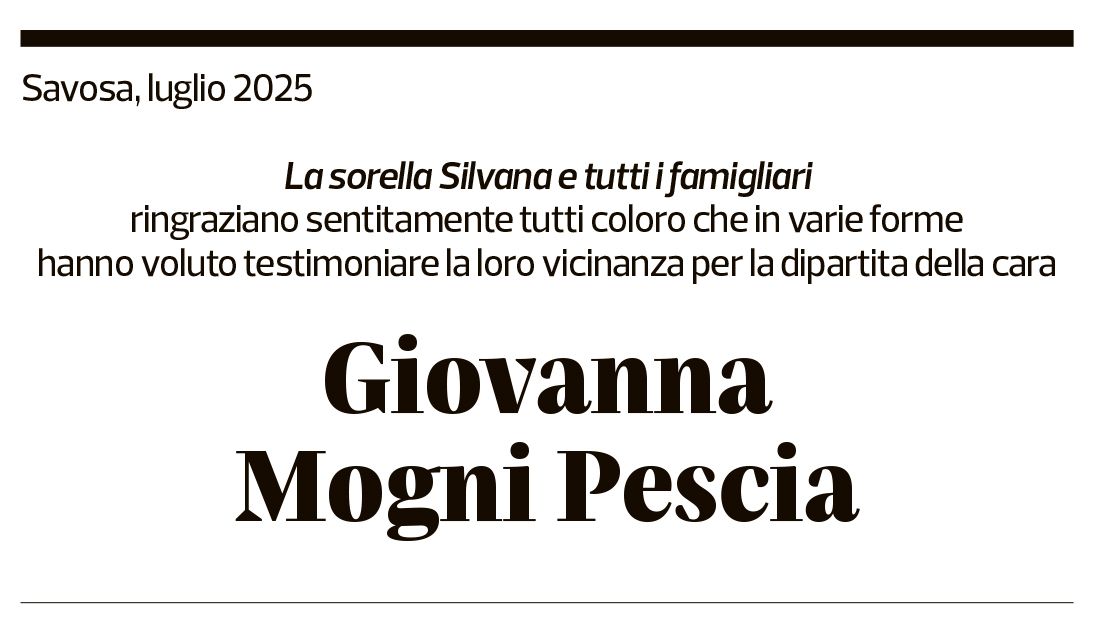 Annuncio funebre Giovanna Mogni Pescia