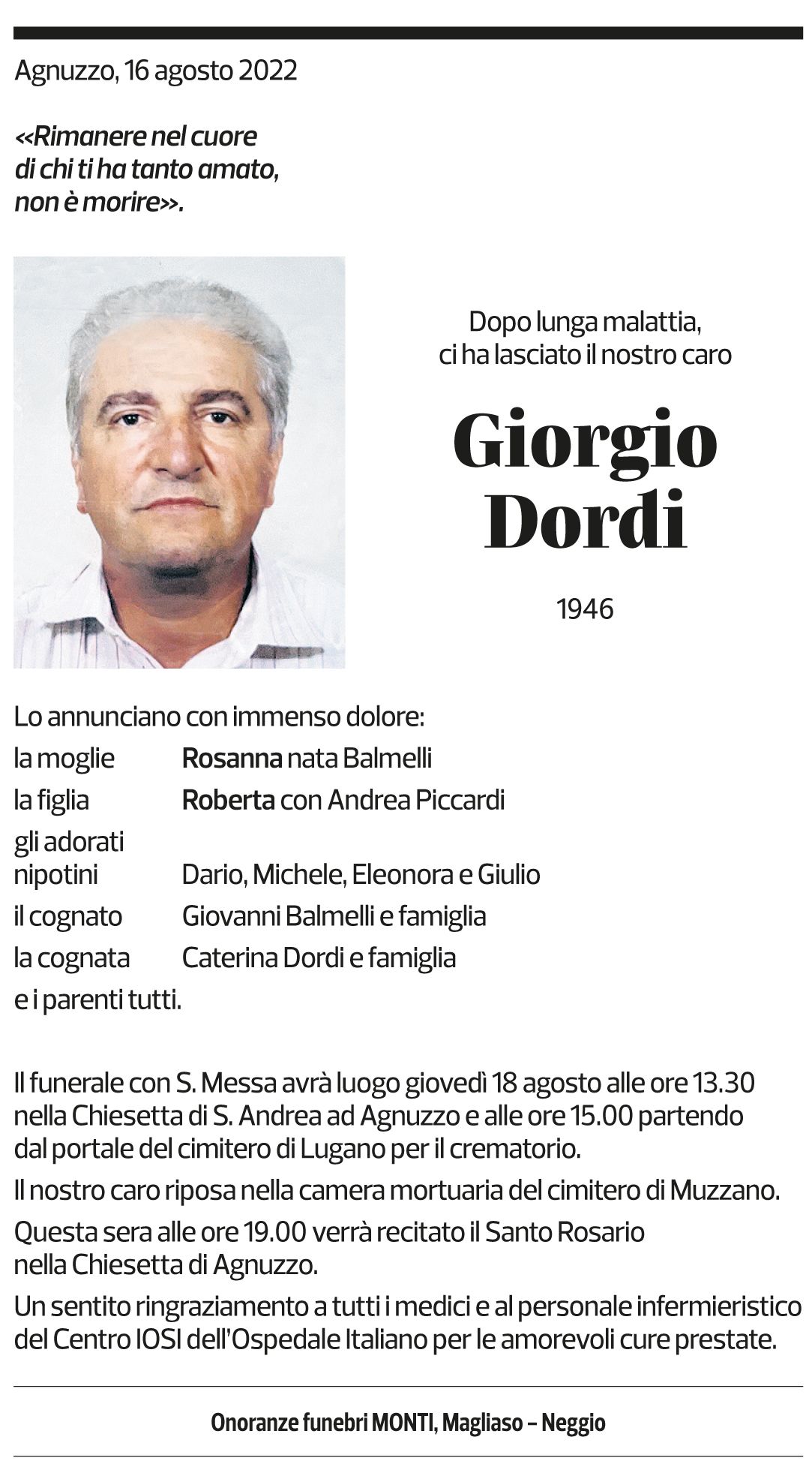 Annuncio funebre Giorgio Dordi