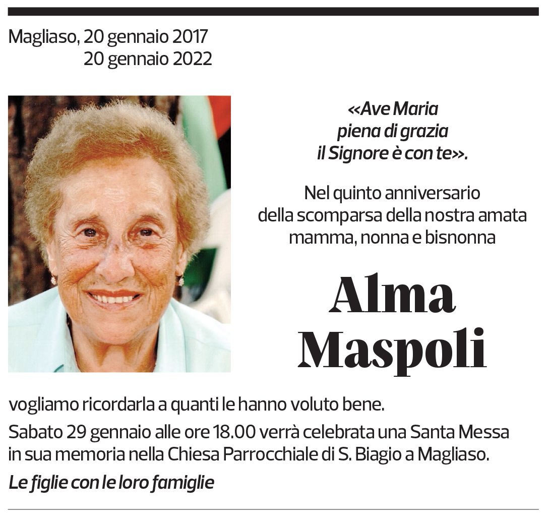 Annuncio funebre Alma Maspoli