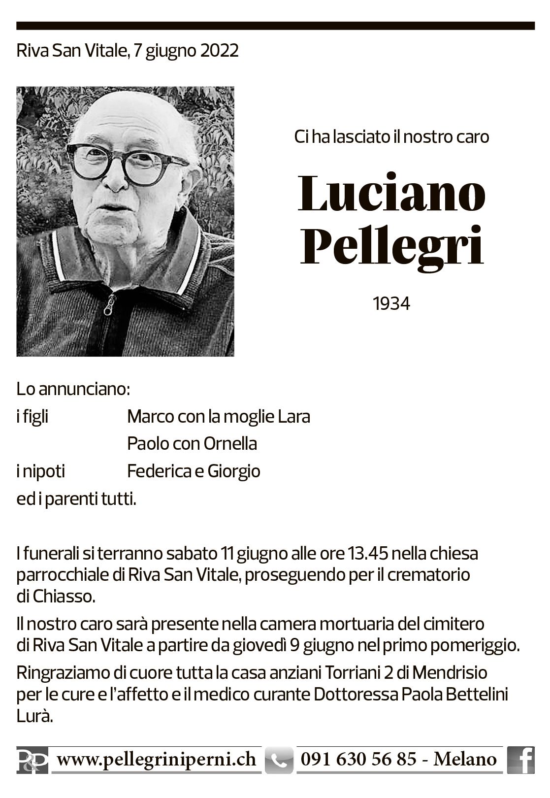 Annuncio funebre Luciano Pellegri