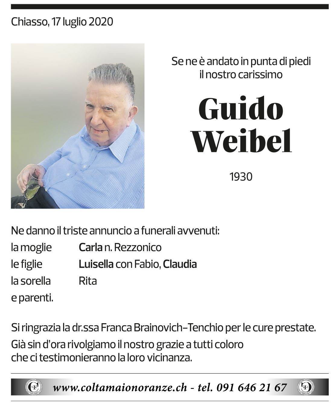 Annuncio funebre Guido Weibel