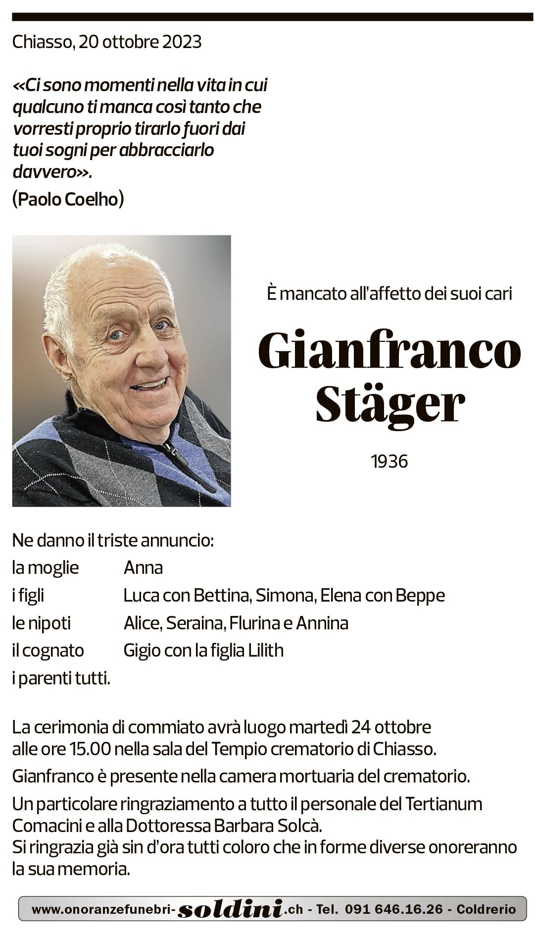 Annuncio funebre Gianfranco Stäger