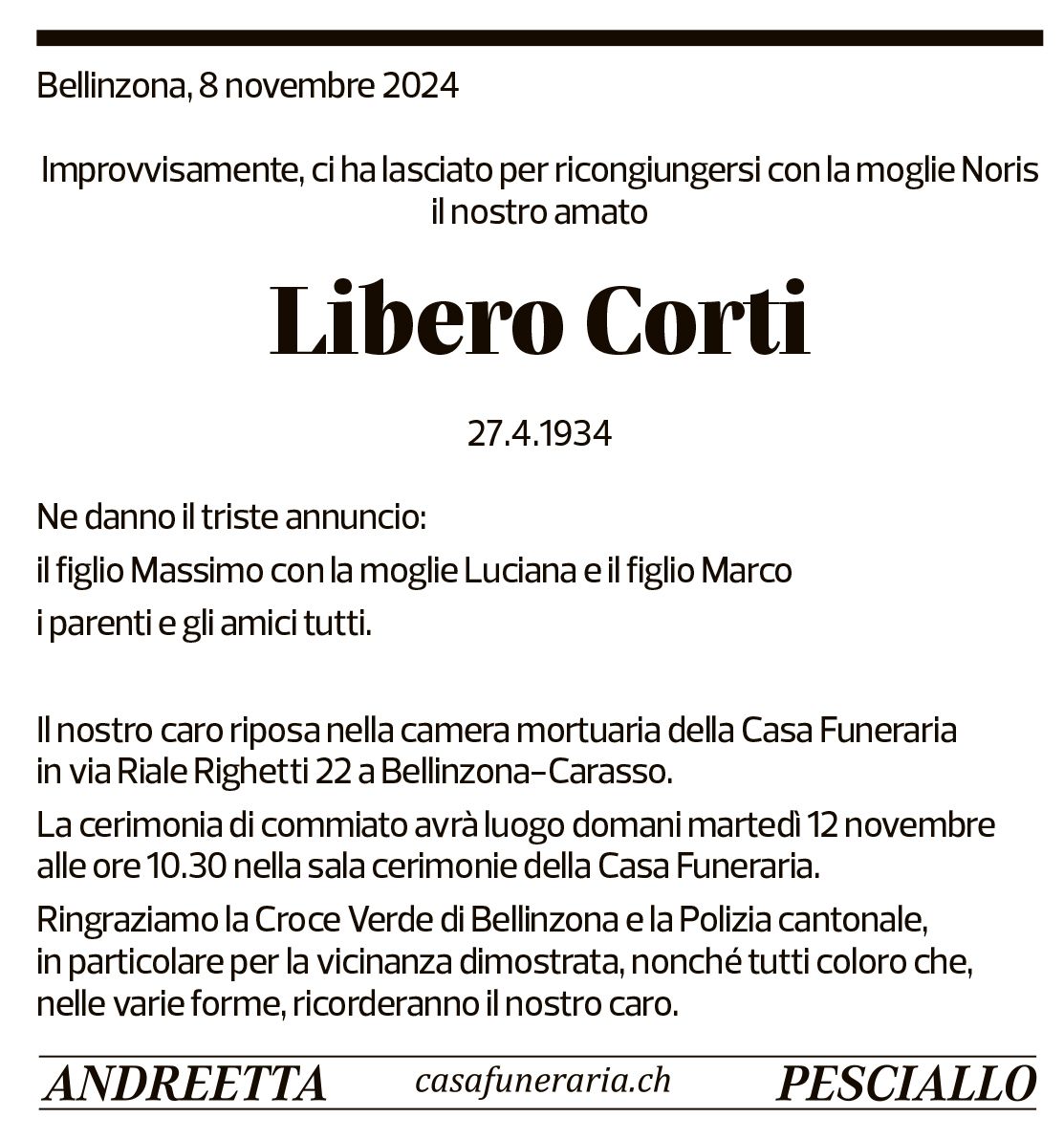 Annuncio funebre Libero Corti