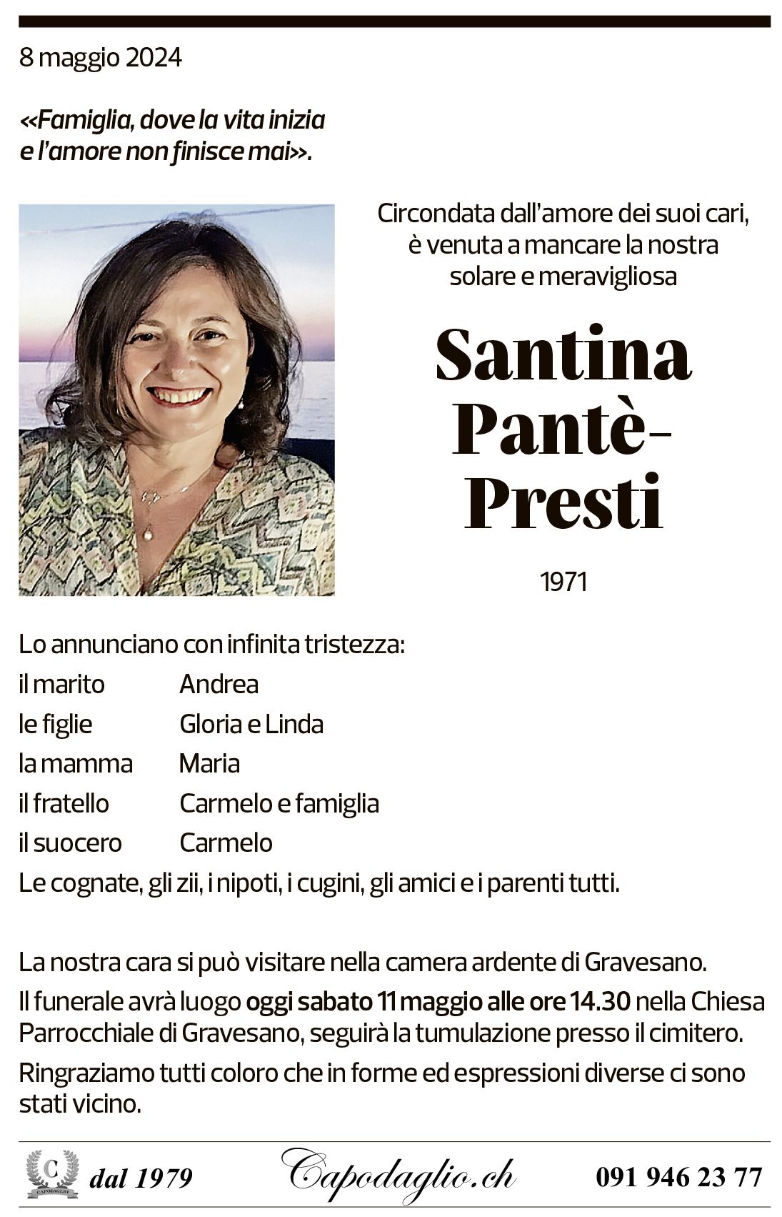 Annuncio funebre Santina Pantè-presti