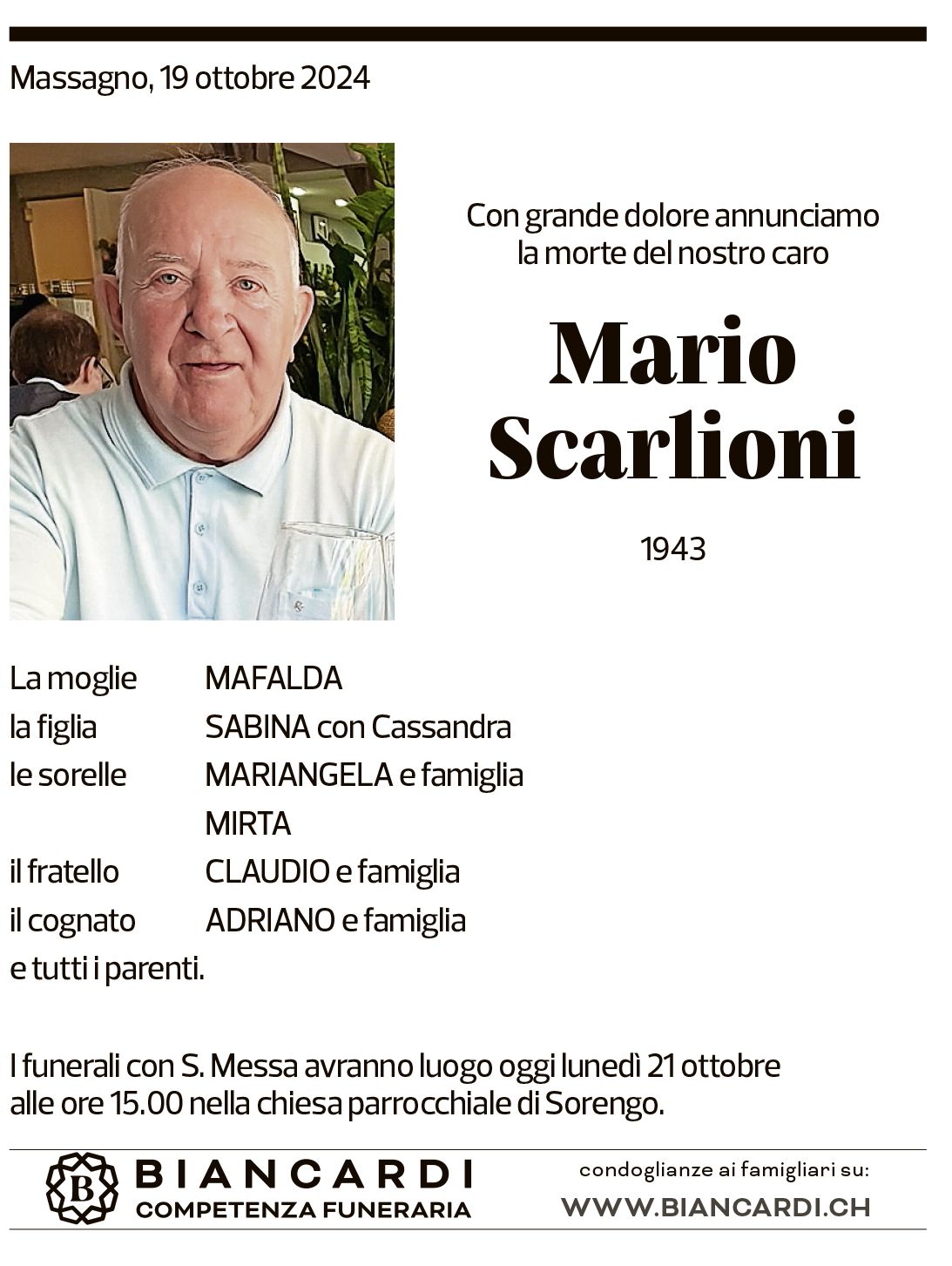 Annuncio funebre Mario Scarlioni