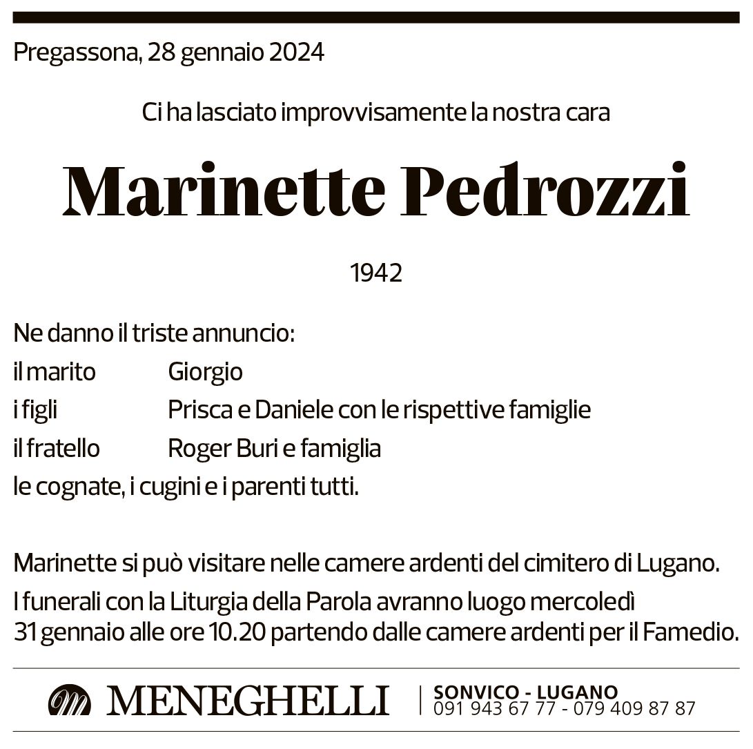 Annuncio funebre Marinette Pedrozzi