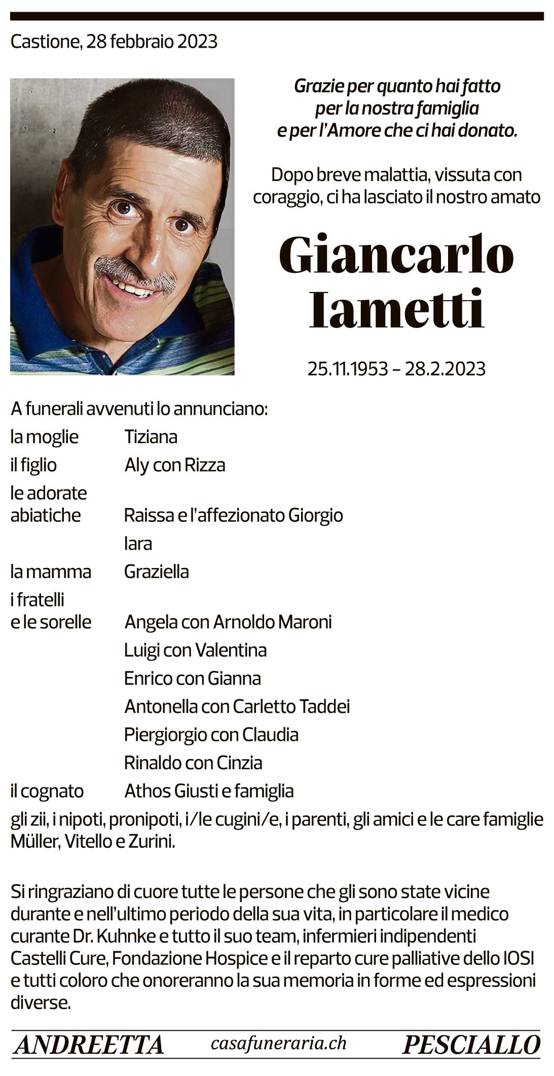 Annuncio funebre Giancarlo Iametti