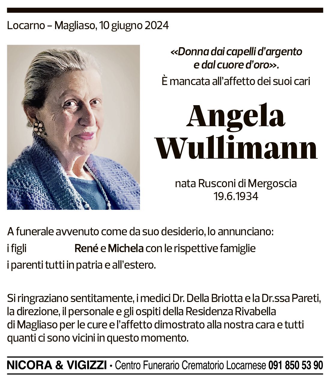 Annuncio funebre Angela Wullimann