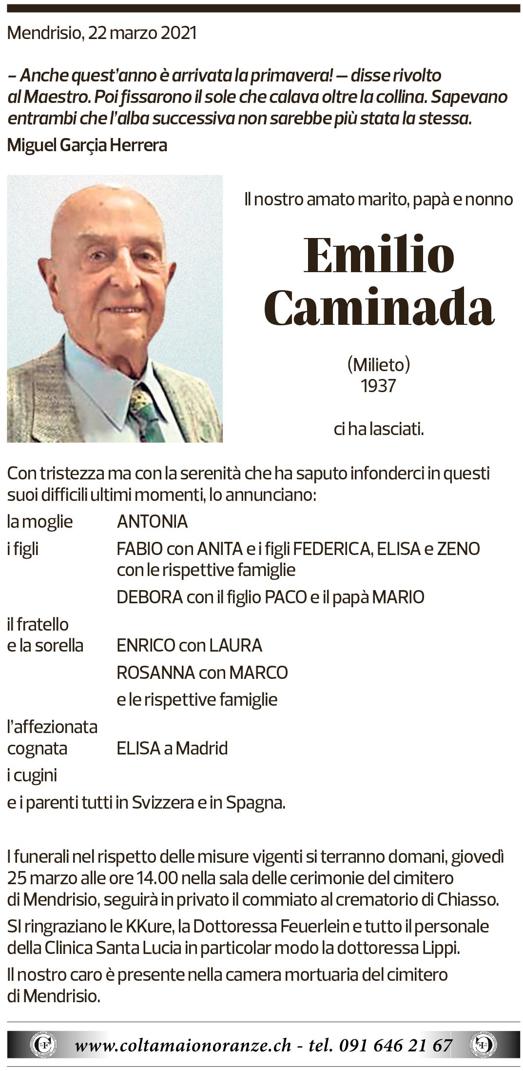 Annuncio funebre Emilio Caminada