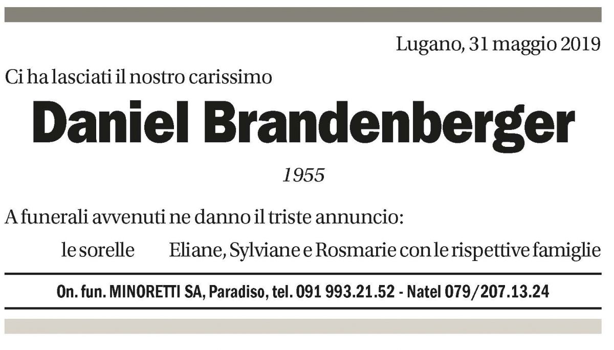 Annuncio funebre Daniel Bradenberger