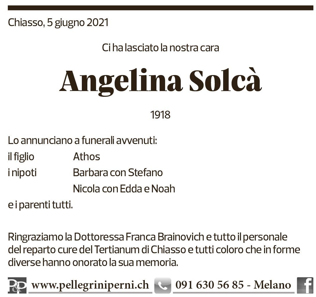 Annuncio funebre Angelina Solcà