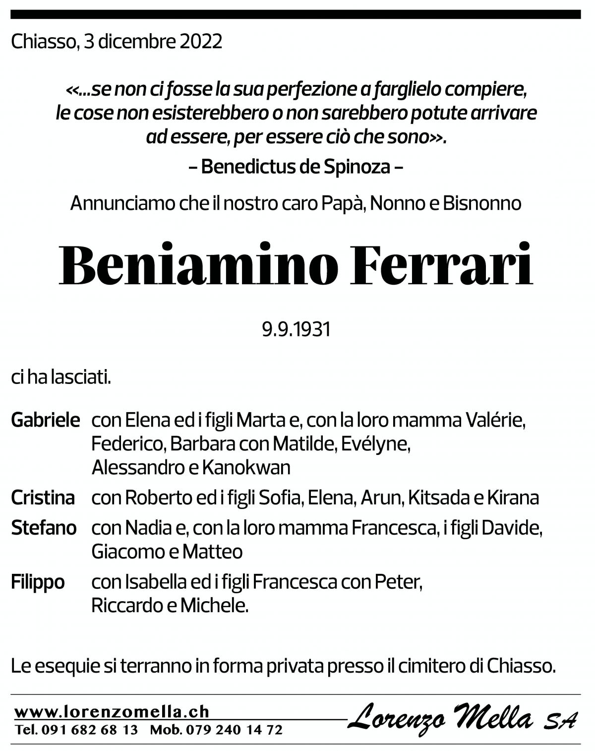 Annuncio funebre Beniamino Ferrari