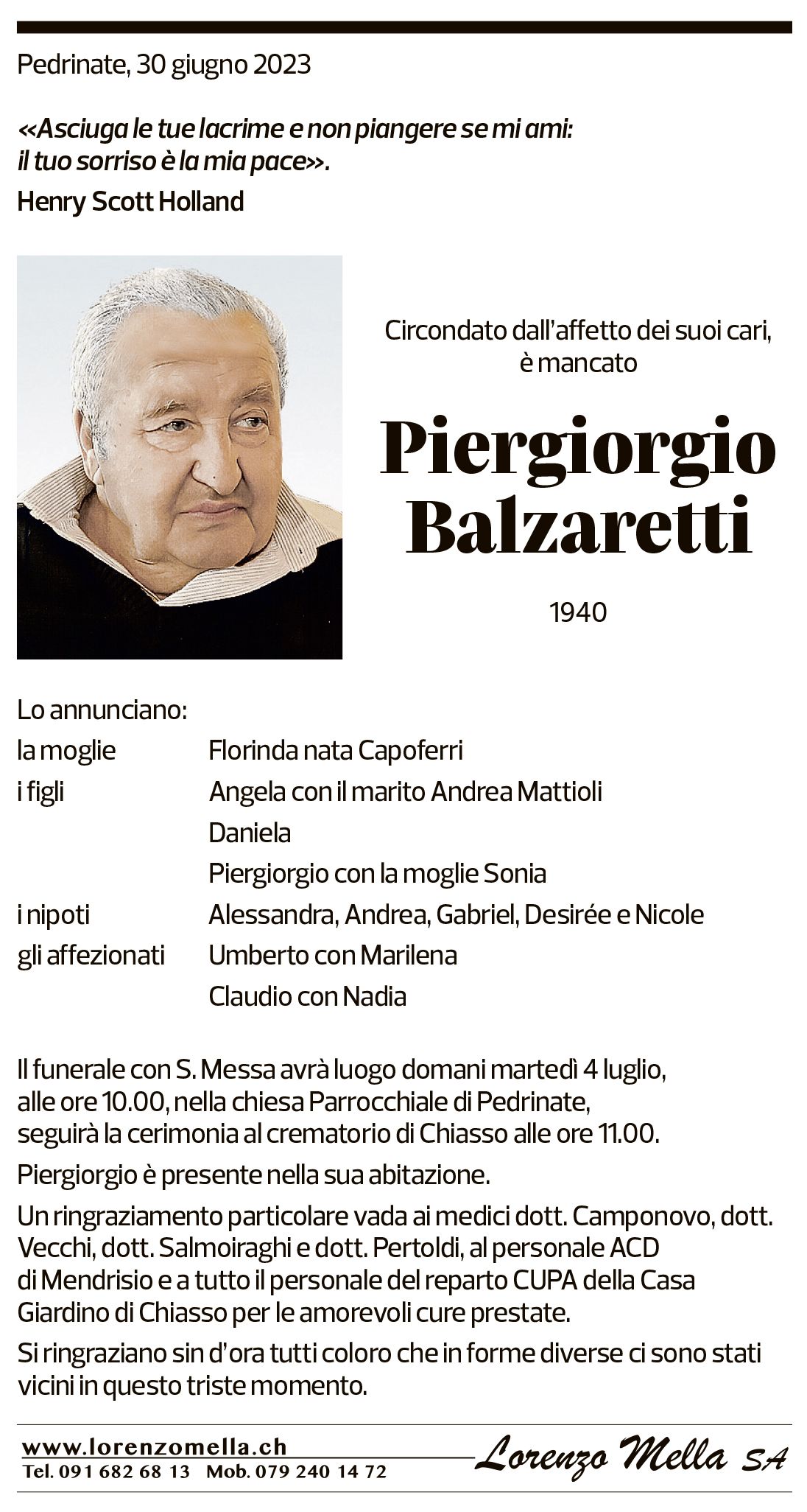 Annuncio funebre Piergiorgio Balzaretti