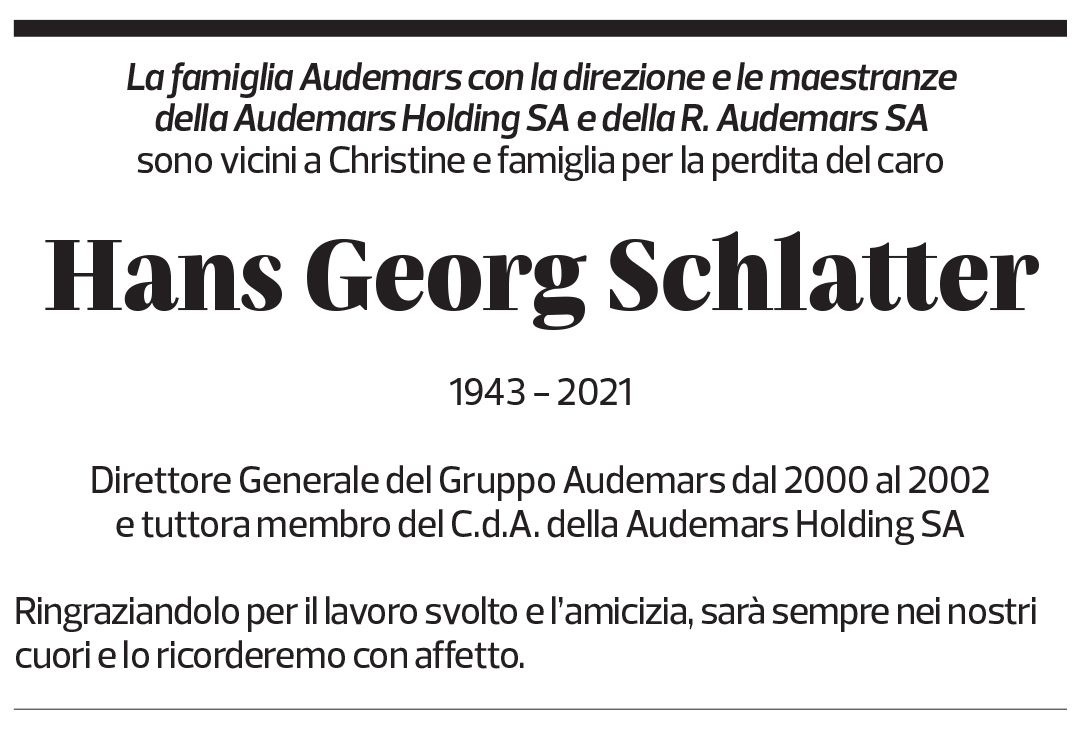 Annuncio funebre Hans Georg Schlatter