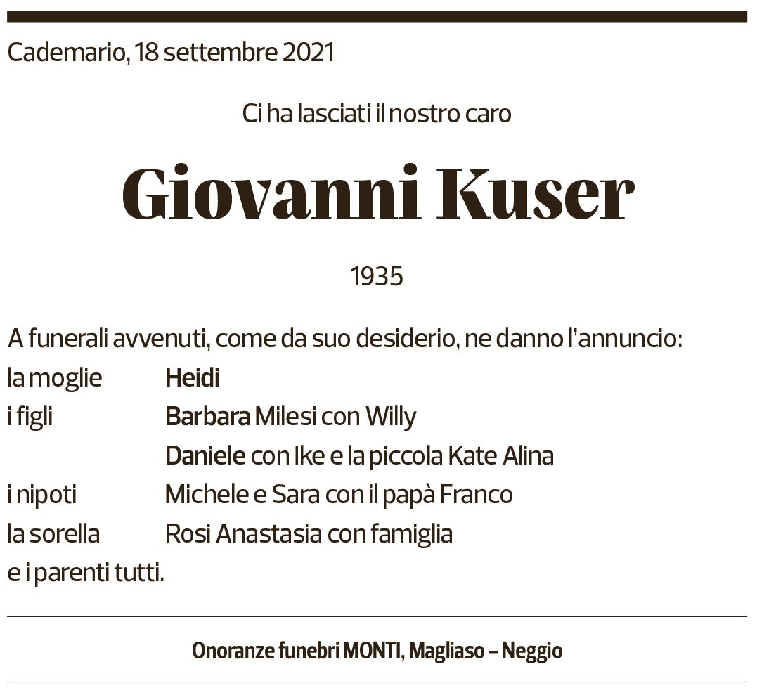 Annuncio funebre Giovanni Kuser