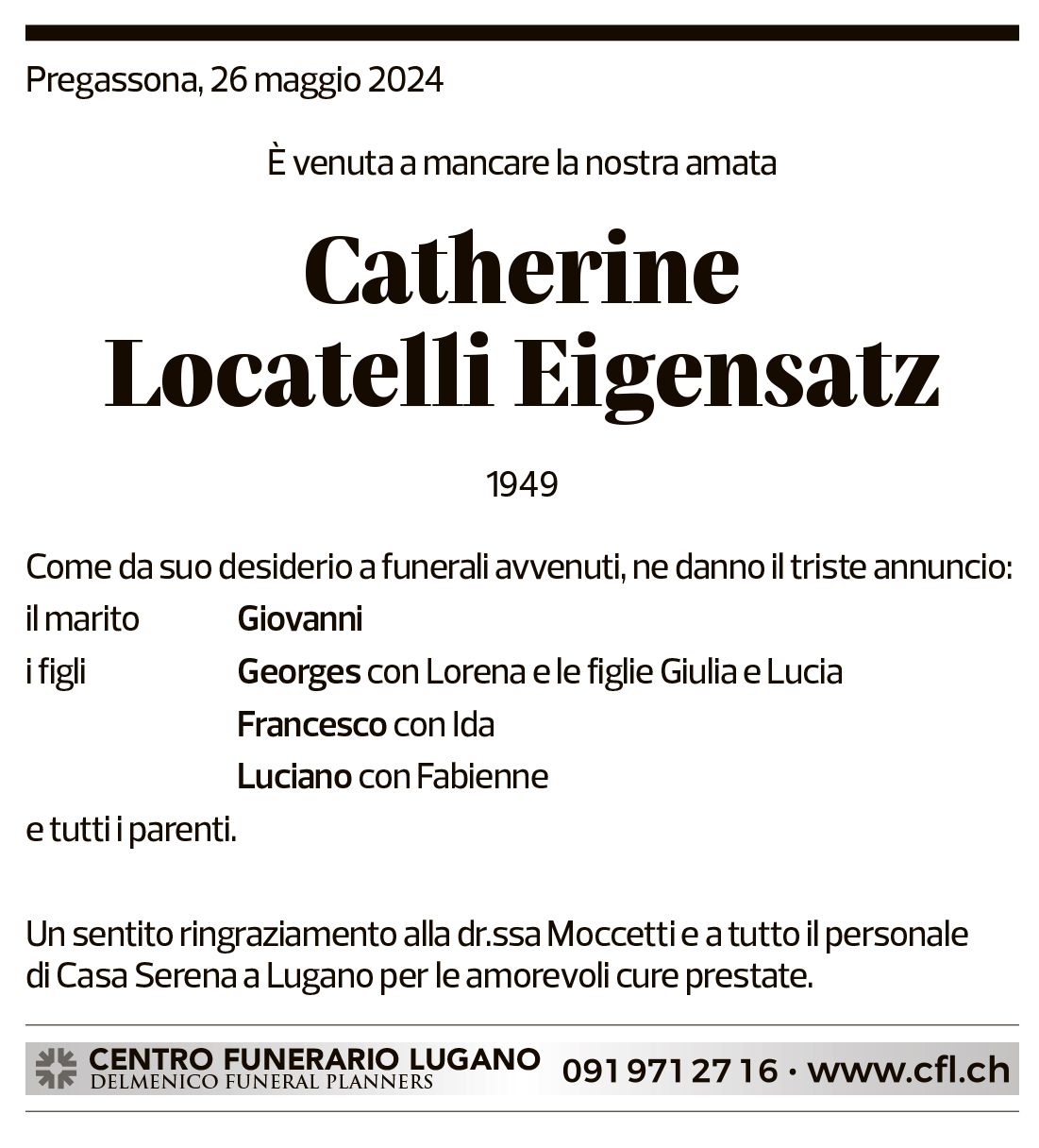 Annuncio funebre Catherine Locatelli Eigensatz