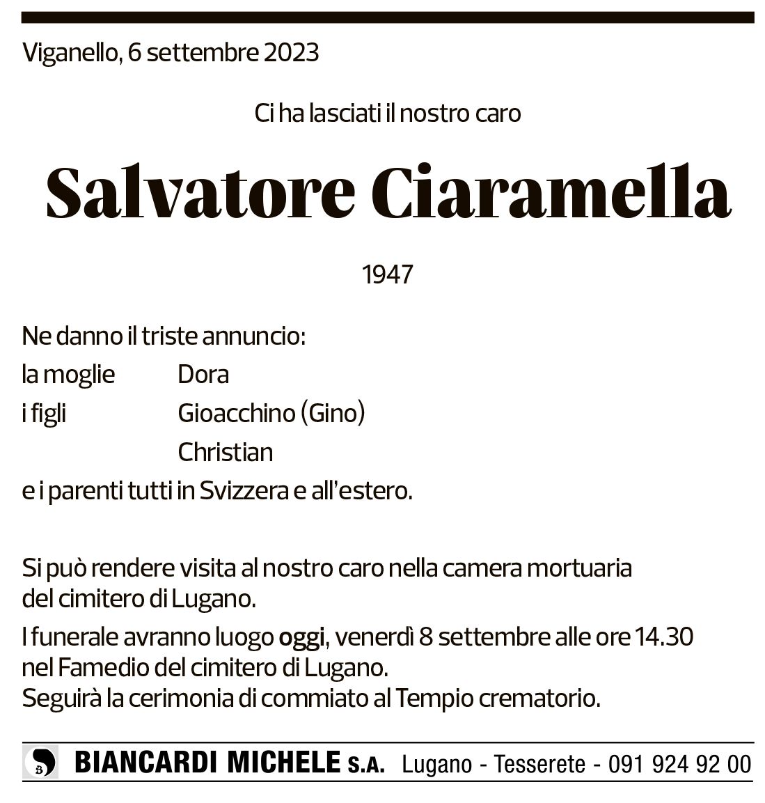 Annuncio funebre Salvatore Ciaramella