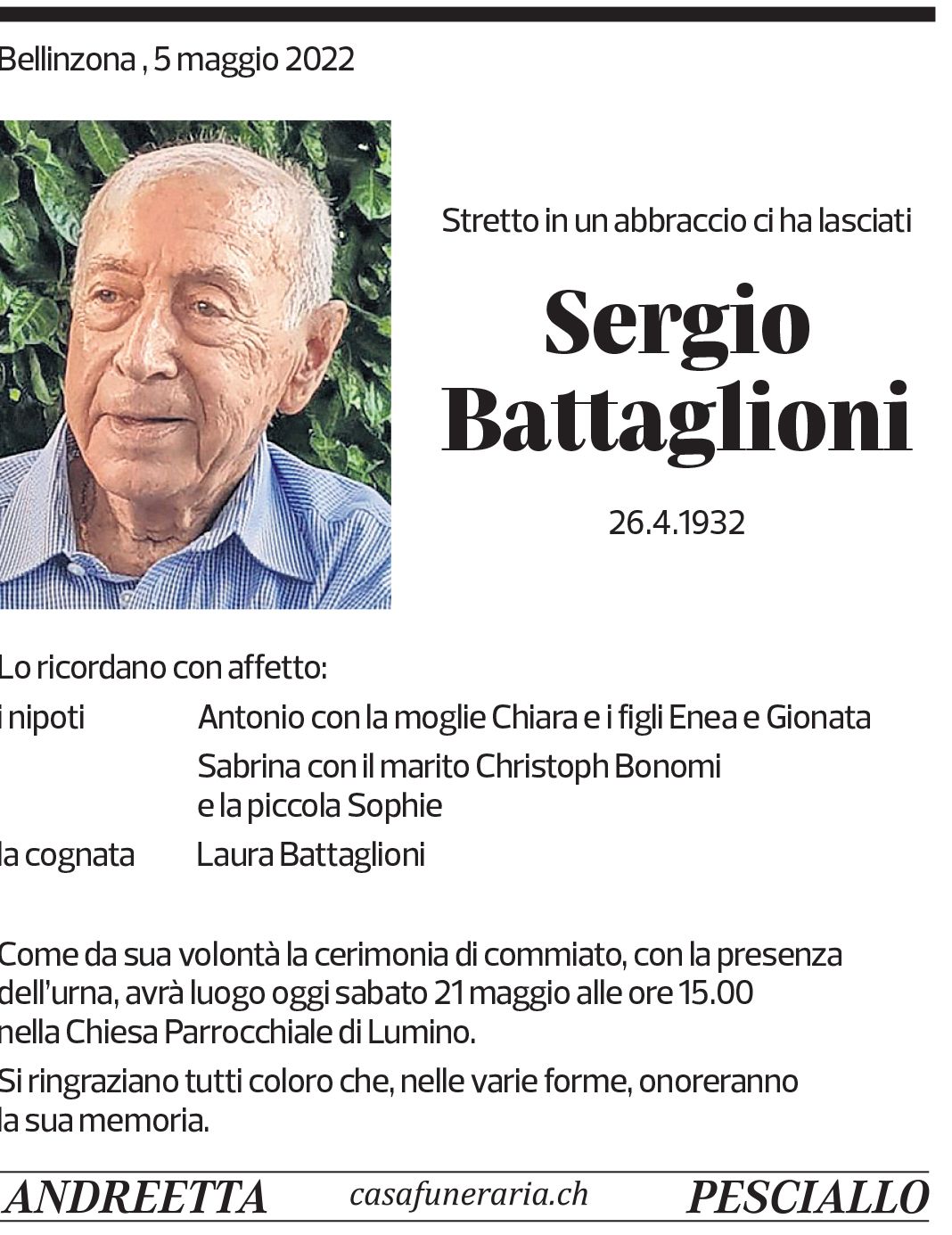 Annuncio funebre Sergio Battaglioni