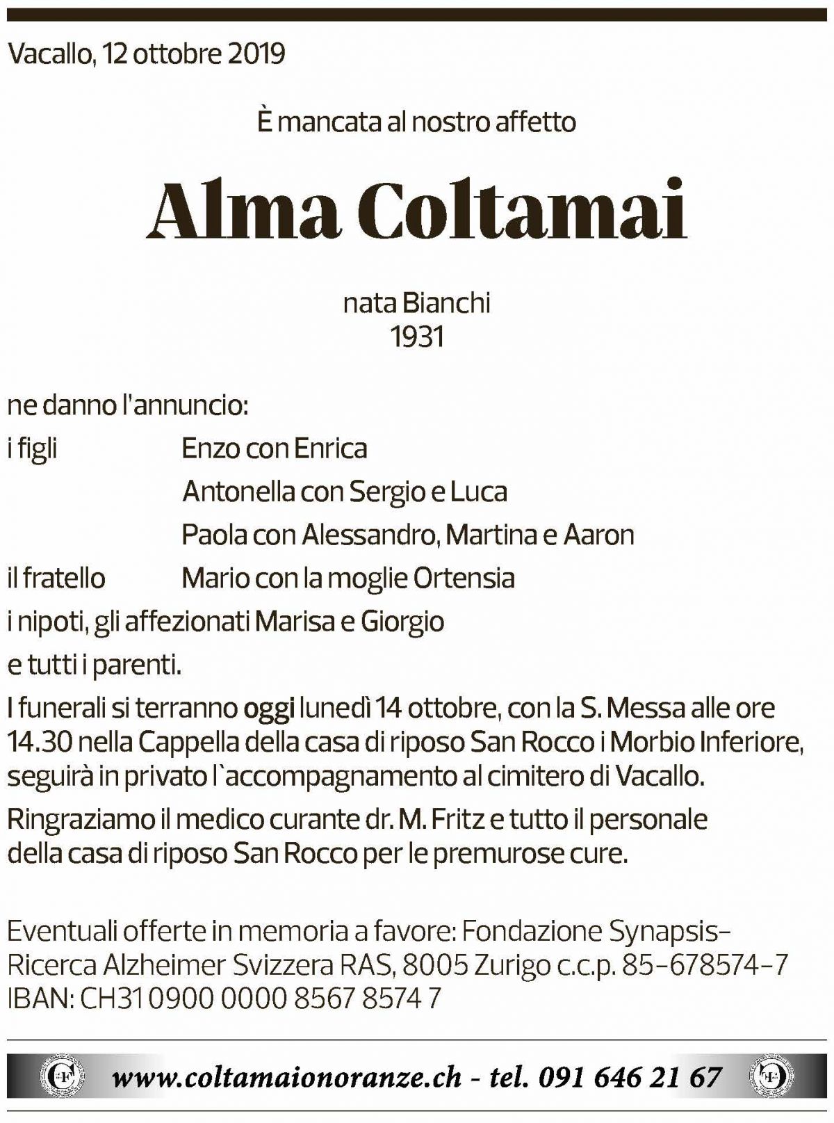 Annuncio funebre Anna Coltamai