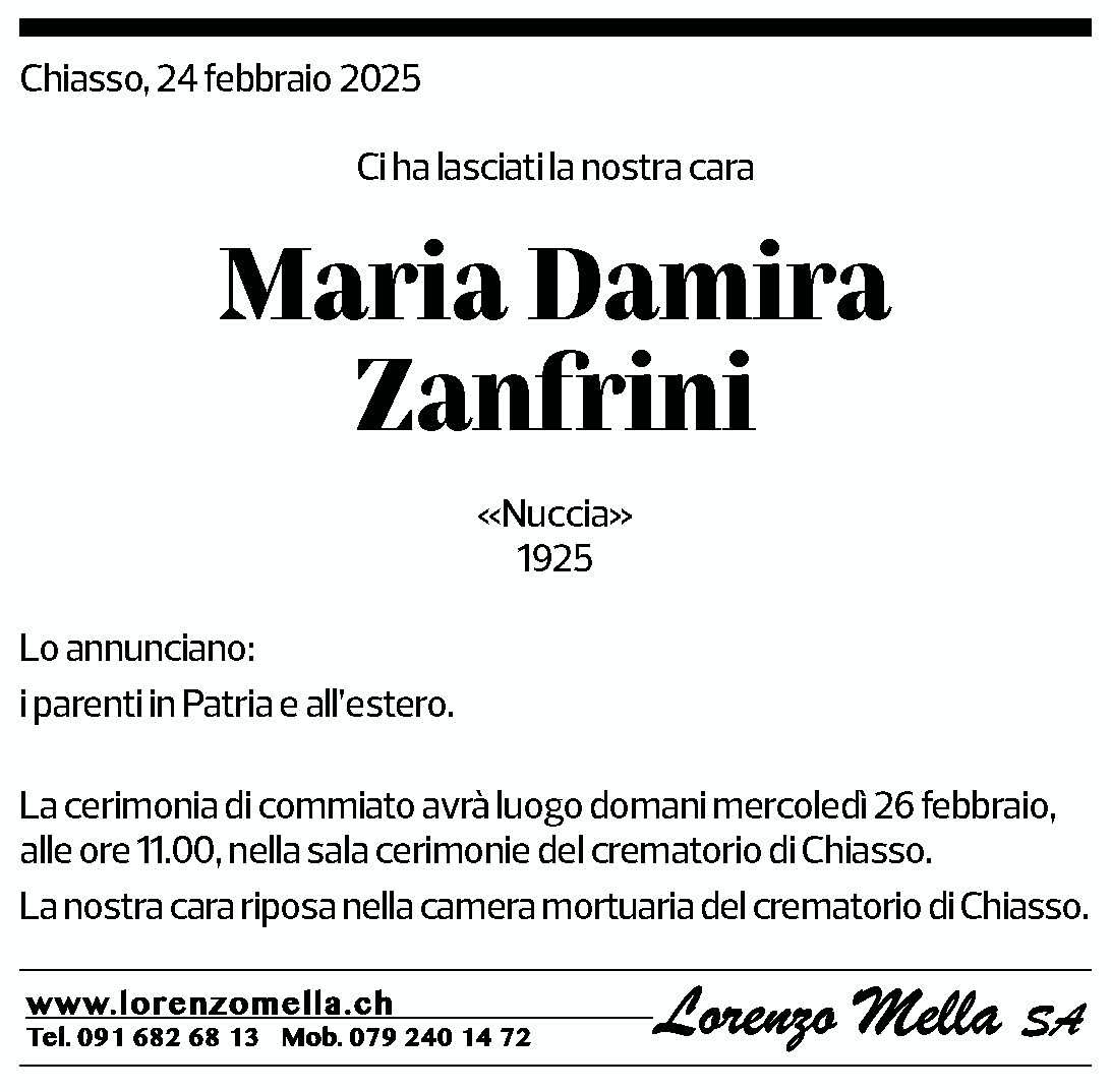 Annuncio funebre Maria Damira Zanfrini