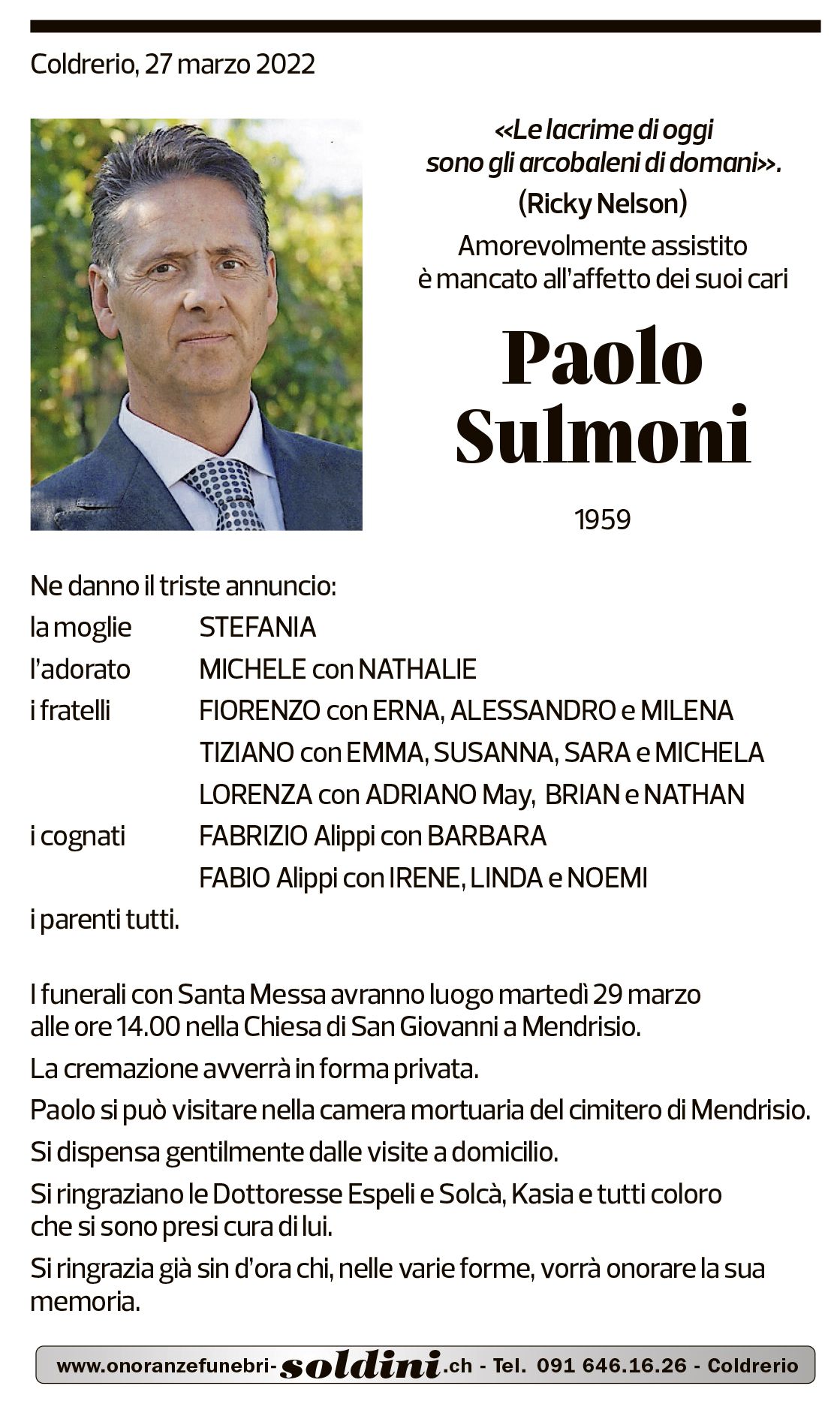 Annuncio funebre Paolo Sulmoni