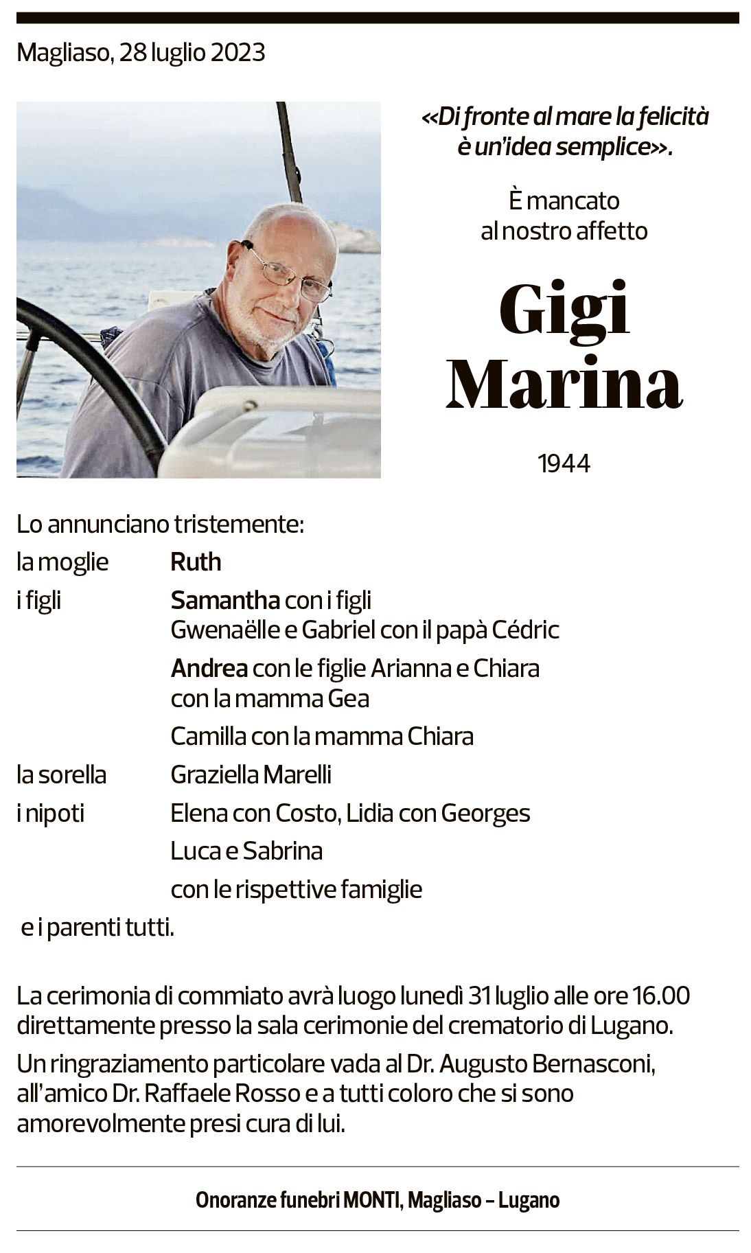 Annuncio funebre Gigi Marina